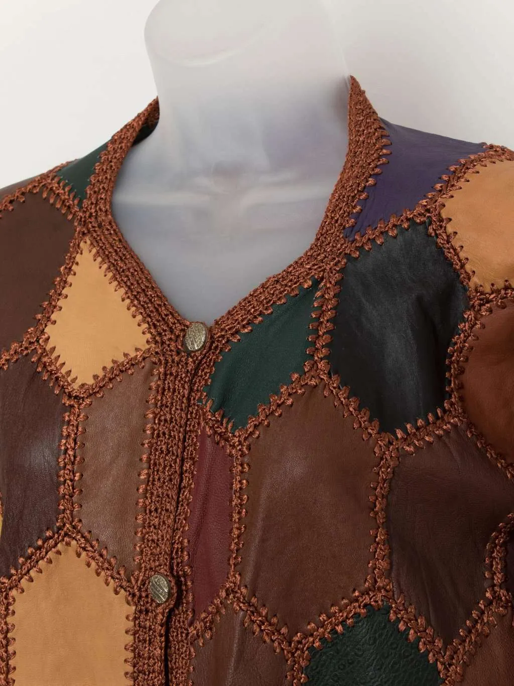 1980s vintage patchwork leather jacket with pockets – Large