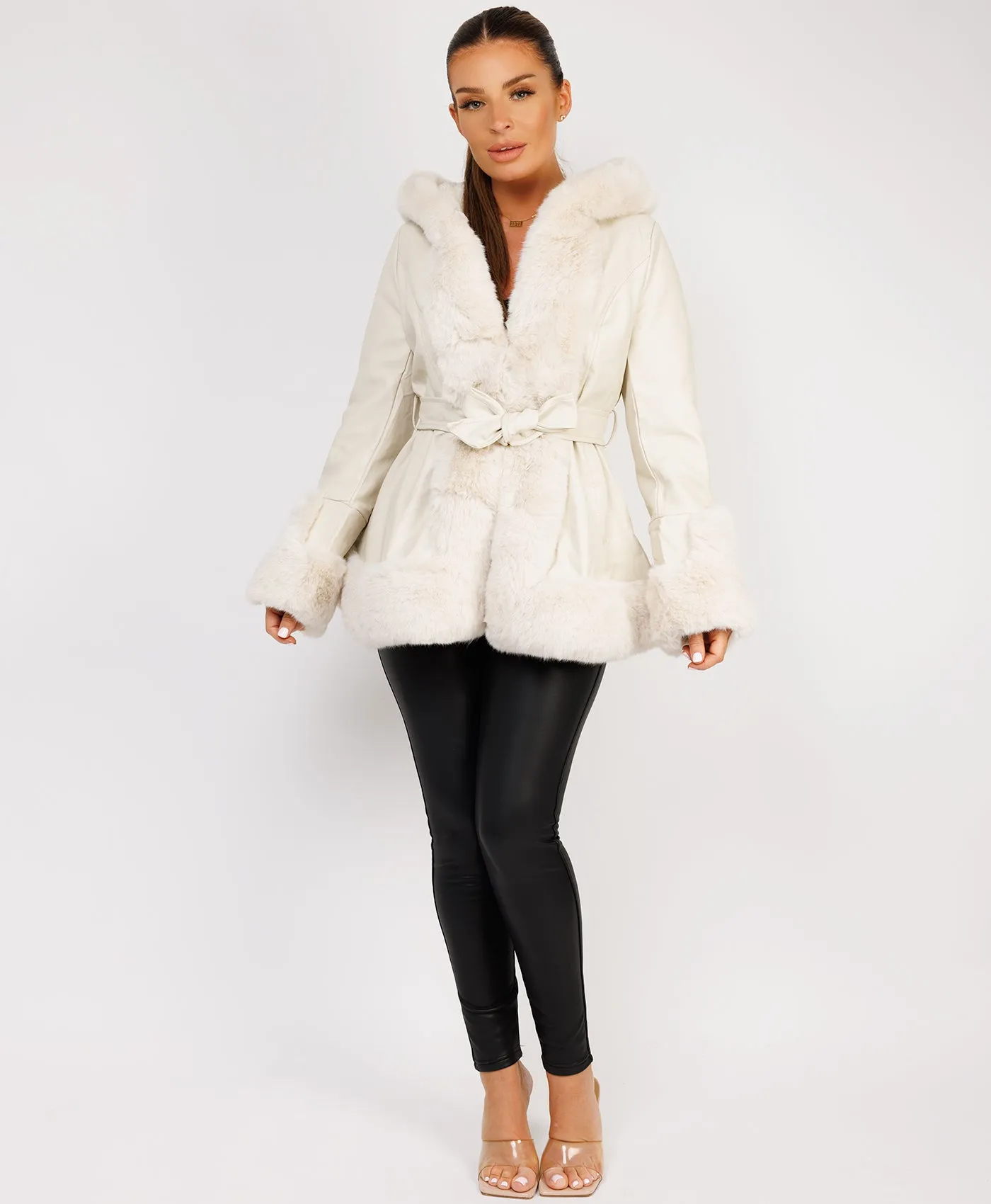 Beige Faux Fur Vegan Leather Hooded Swing Coat Jacket