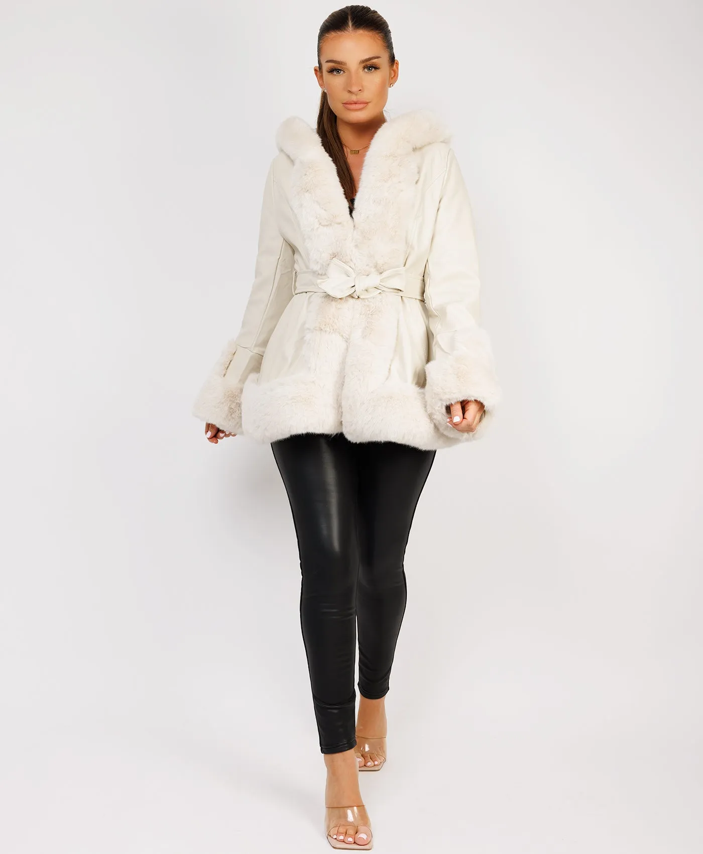 Beige Faux Fur Vegan Leather Hooded Swing Coat Jacket