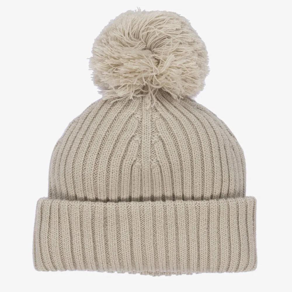 Beige Knitted Wool Pom-Pom Hat