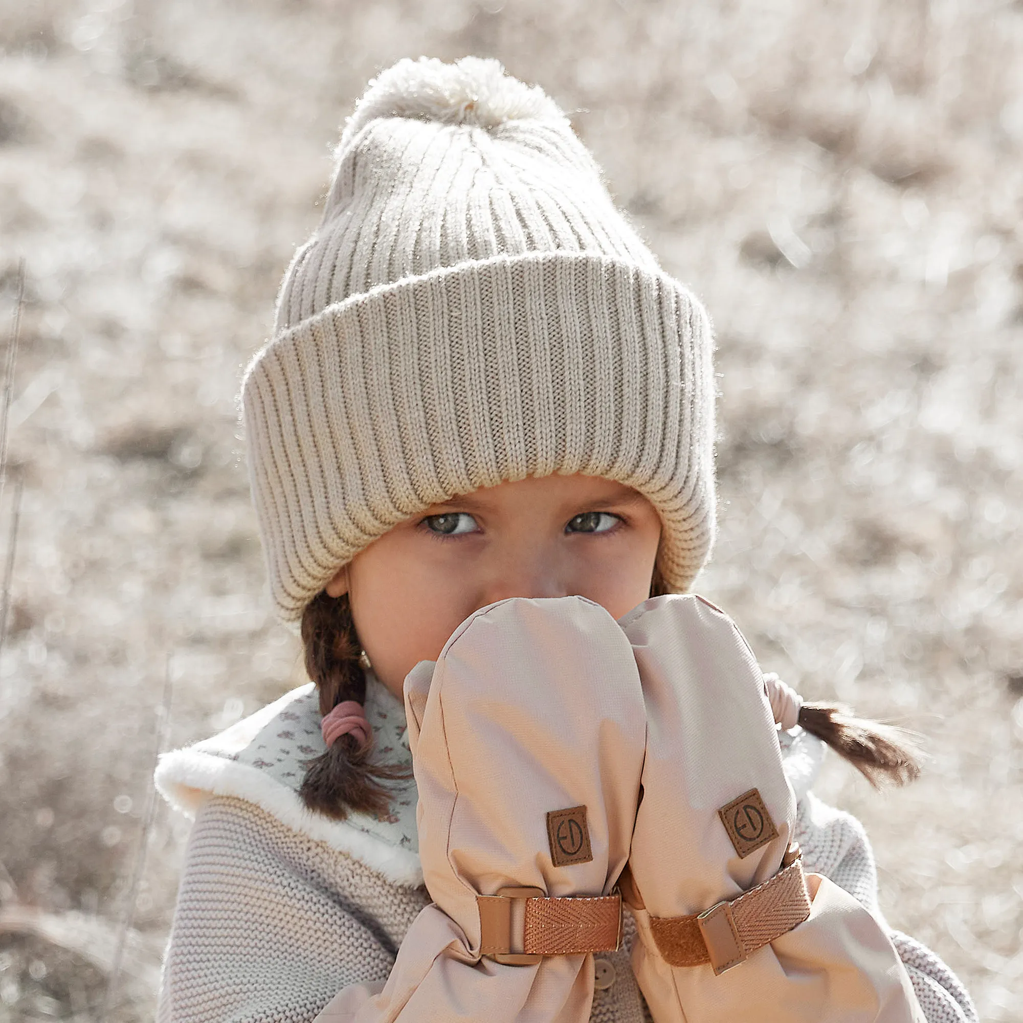 Beige Knitted Wool Pom-Pom Hat