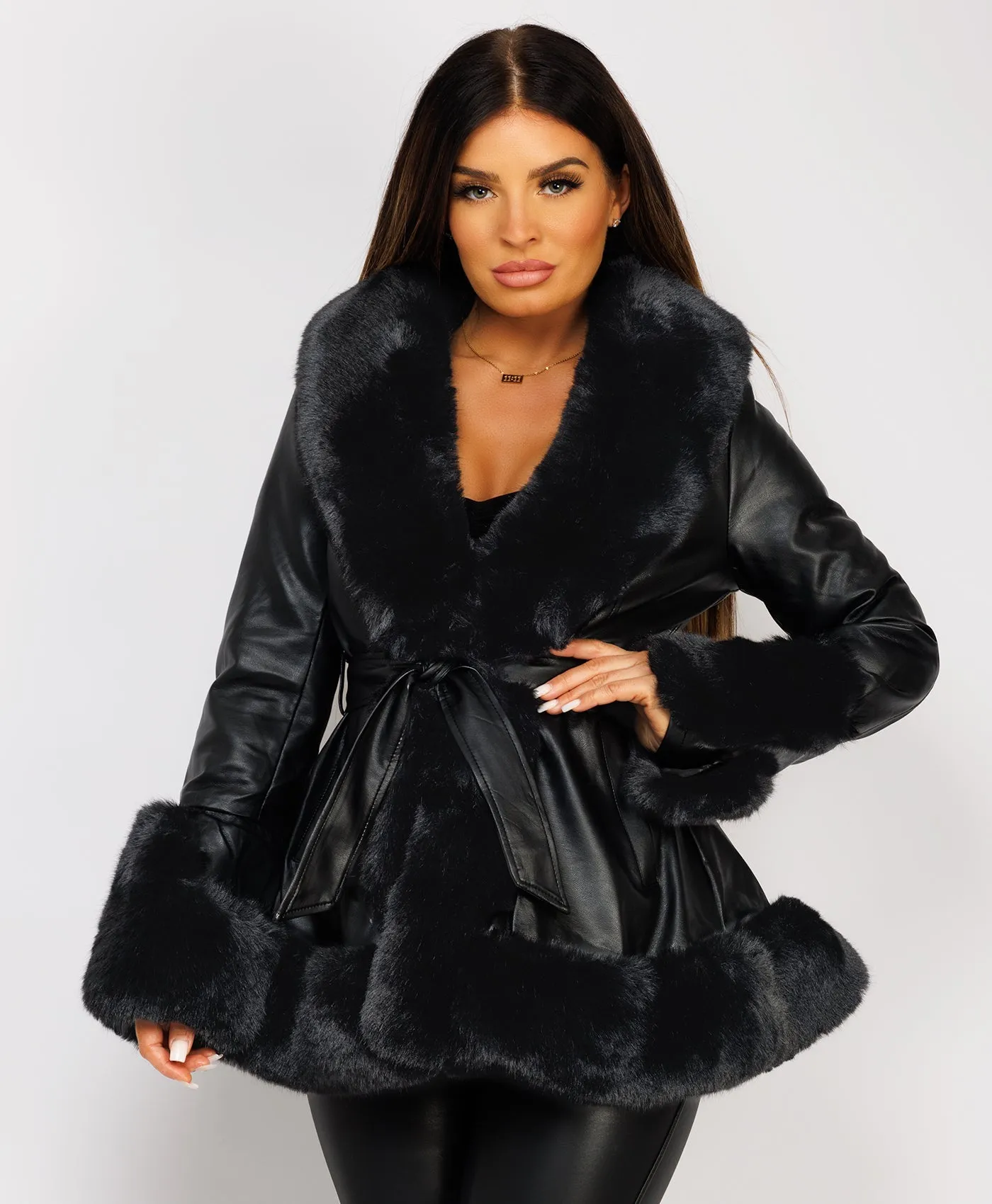 Black Faux Fur Vegan Leather Swing Coat Jacket