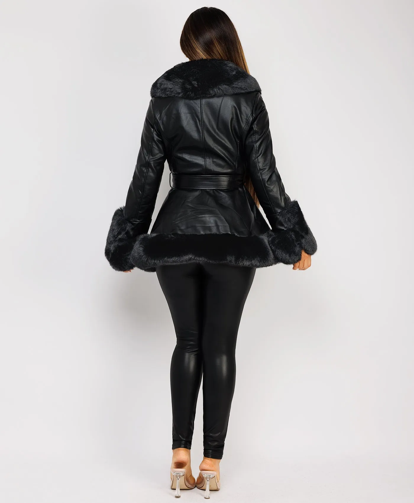 Black Faux Fur Vegan Leather Swing Coat Jacket