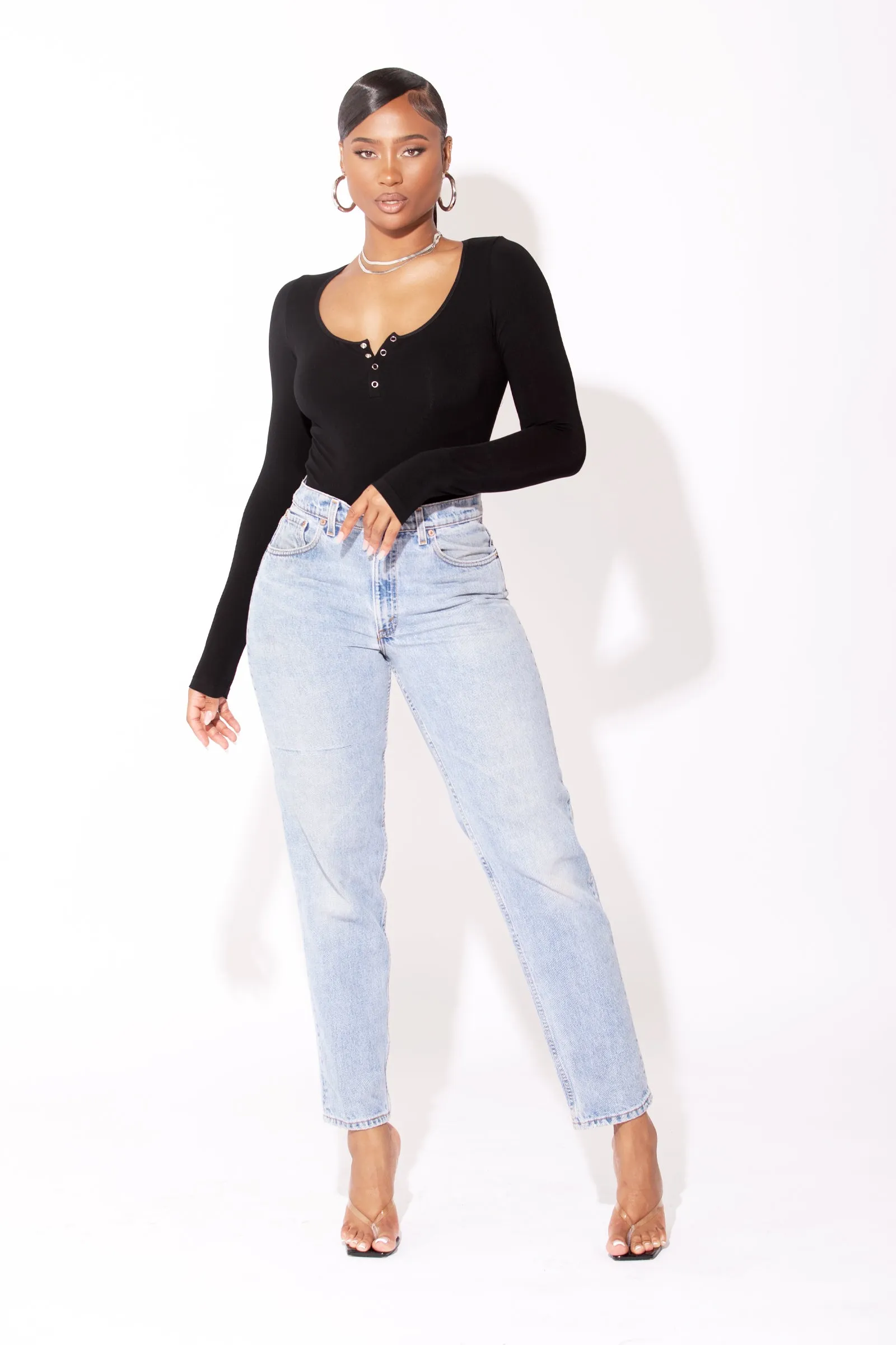 Black Long Sleeve Round Neck Bodysuit