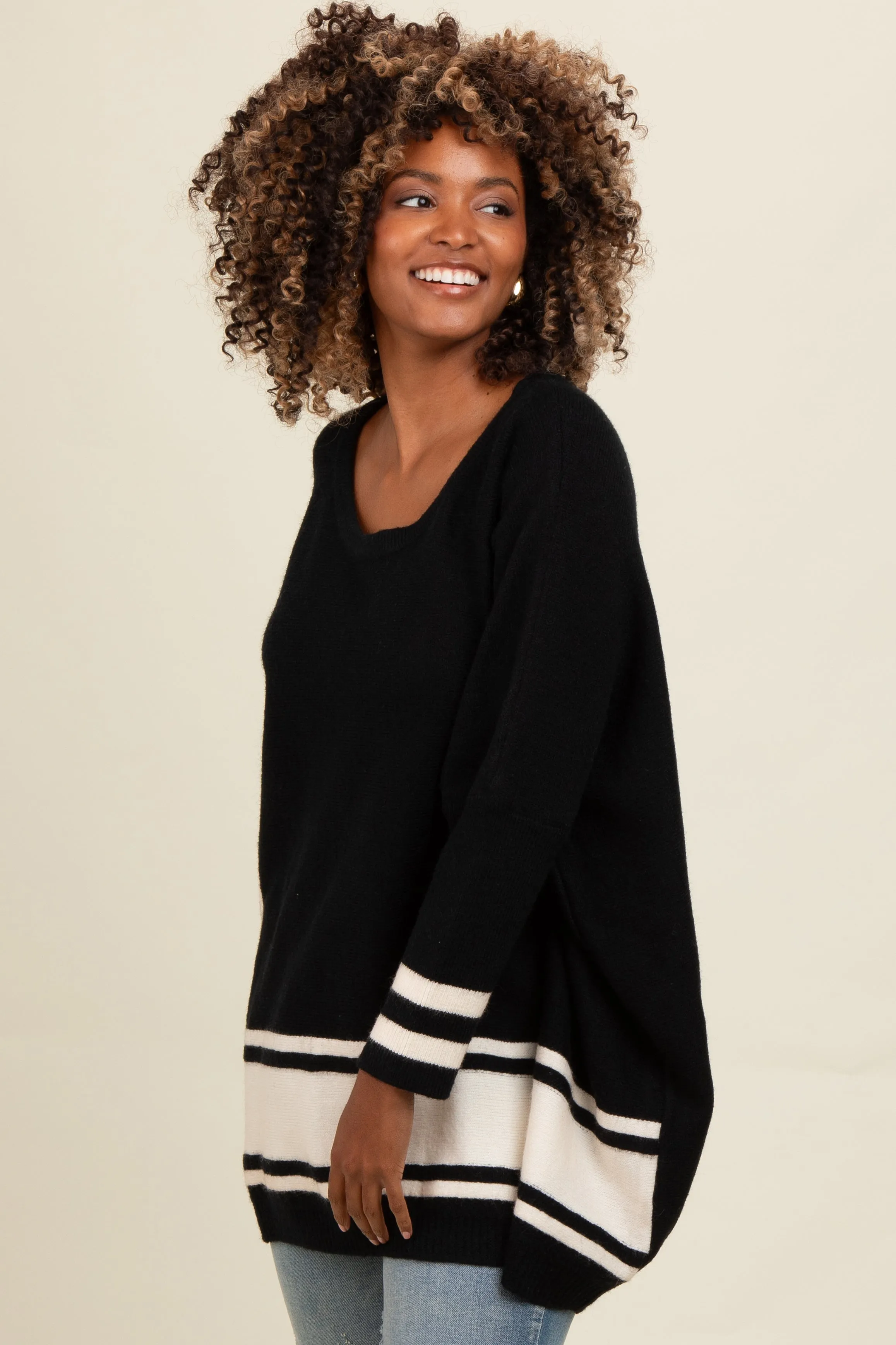 Black Mixed Stripe Dolman Sleeve Sweater