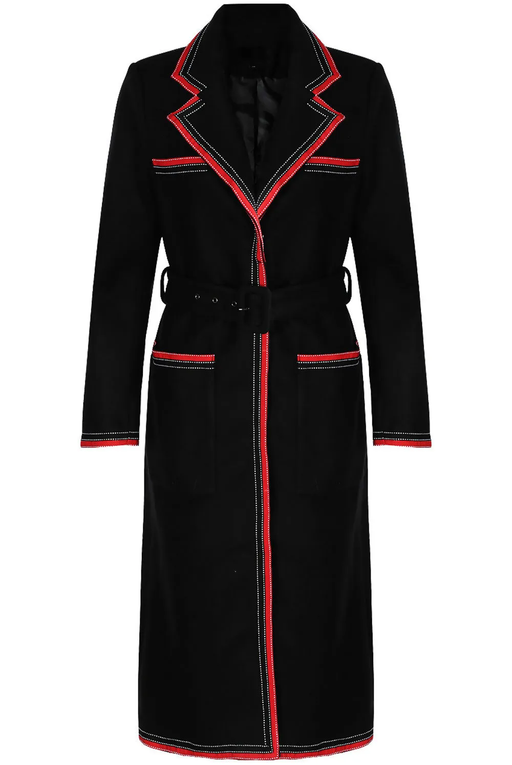 Black Wool Contrast Trim Belted Overcoat