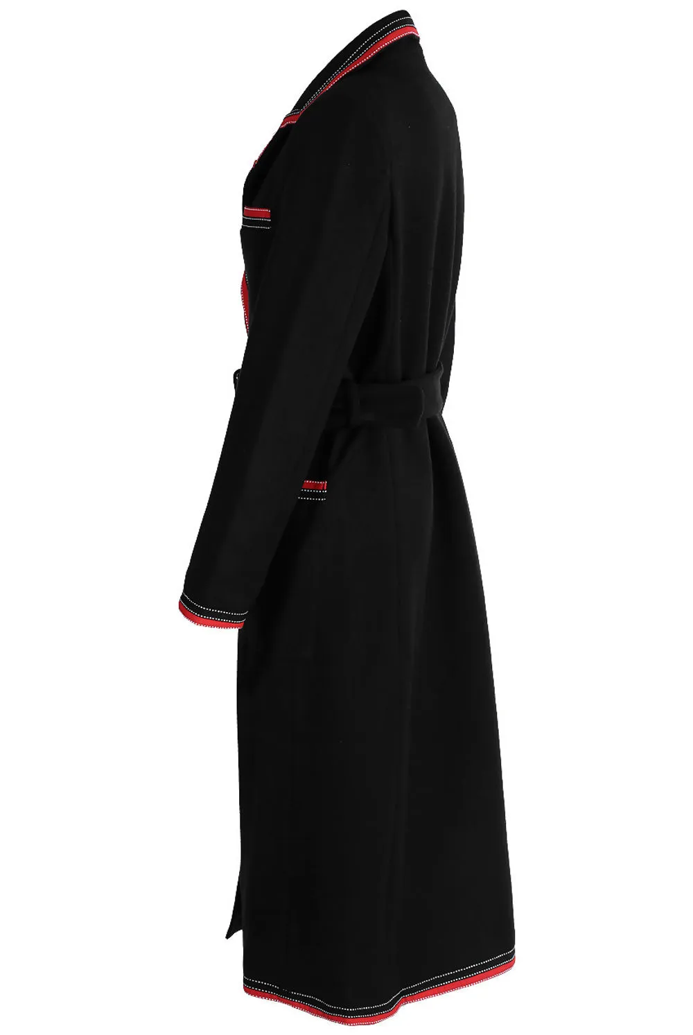 Black Wool Contrast Trim Belted Overcoat