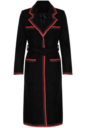 Black Wool Contrast Trim Belted Overcoat