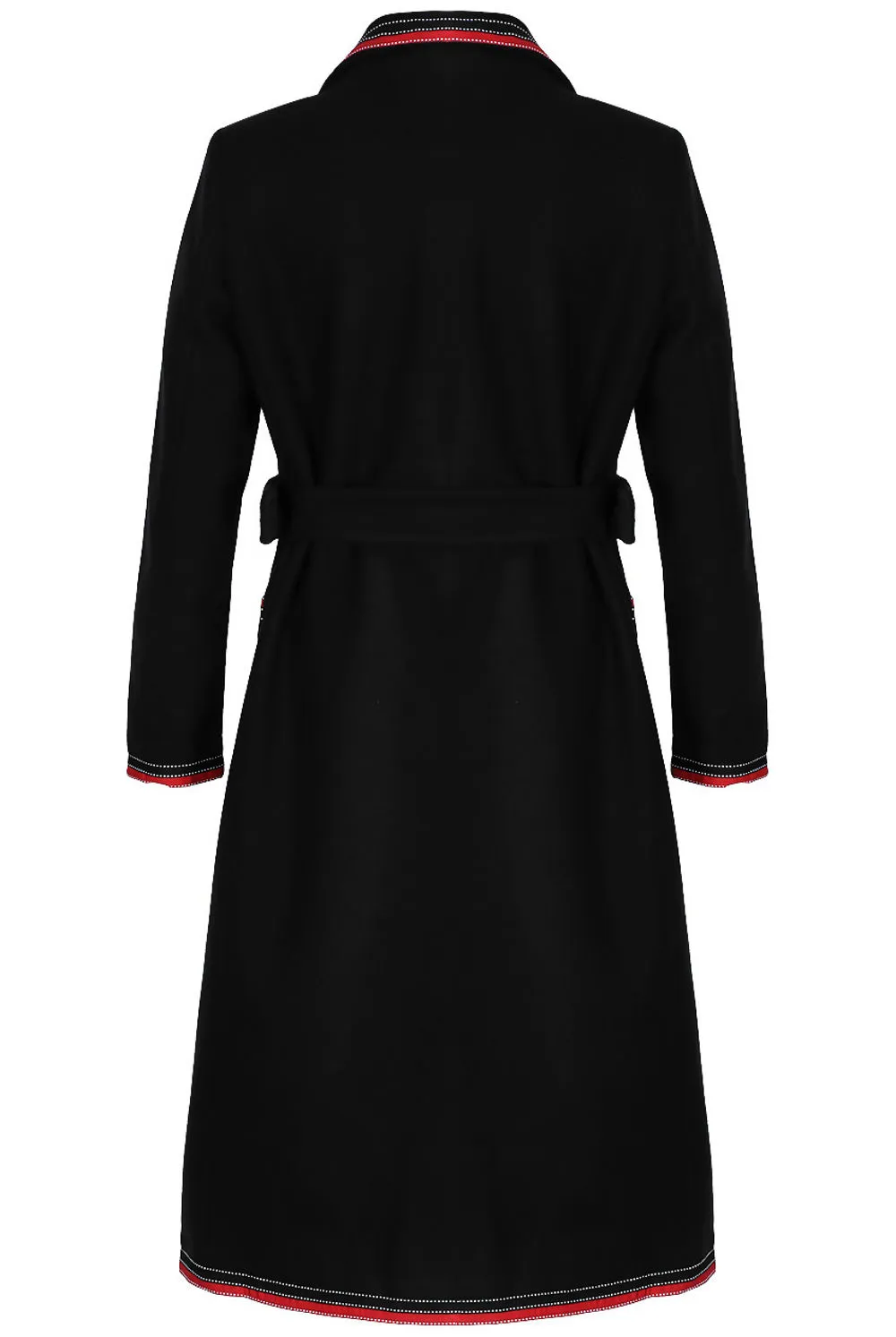 Black Wool Contrast Trim Belted Overcoat