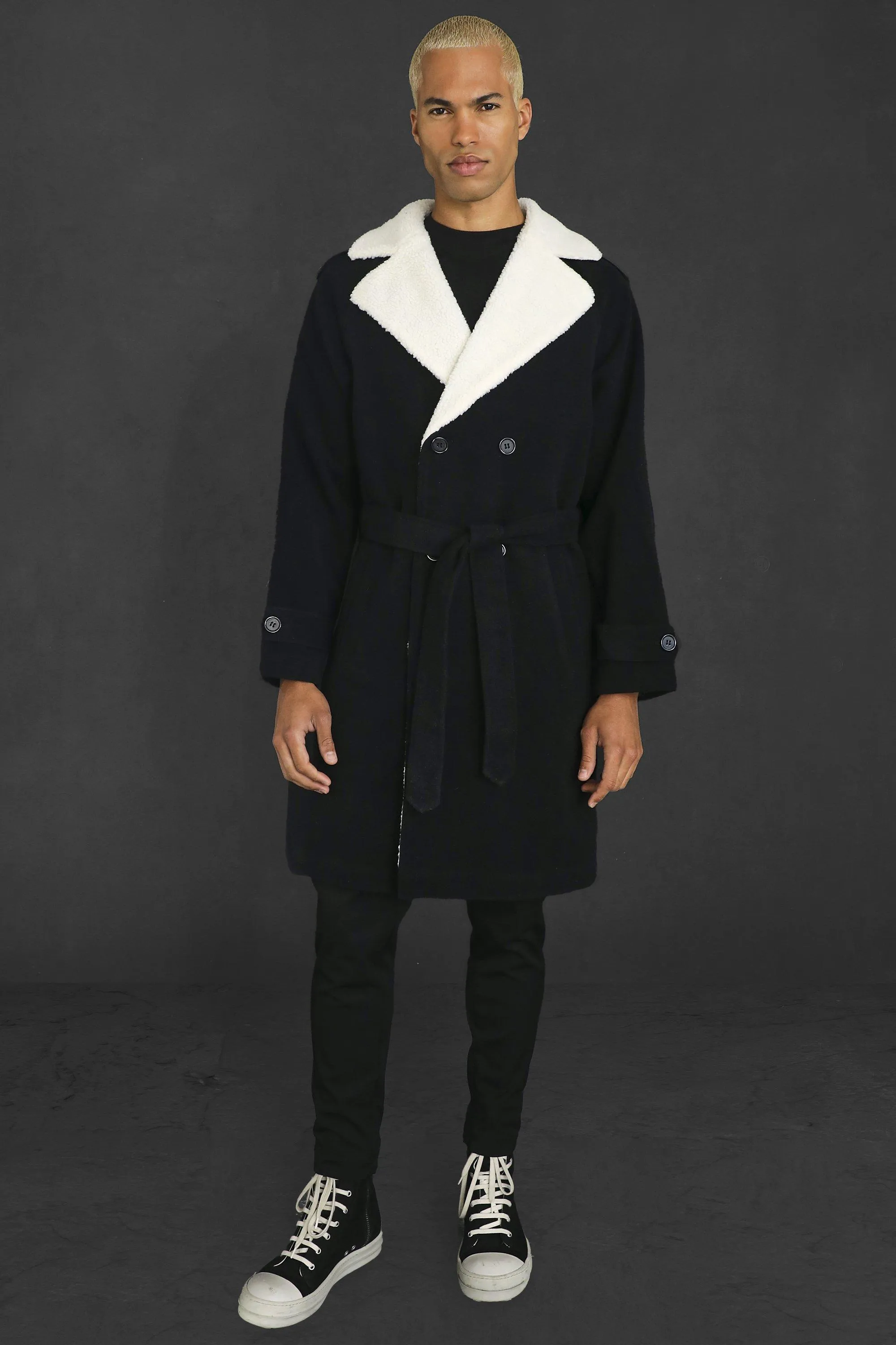 Borg Lined Double Breasted Trench Overcoat | boohooMAN UK