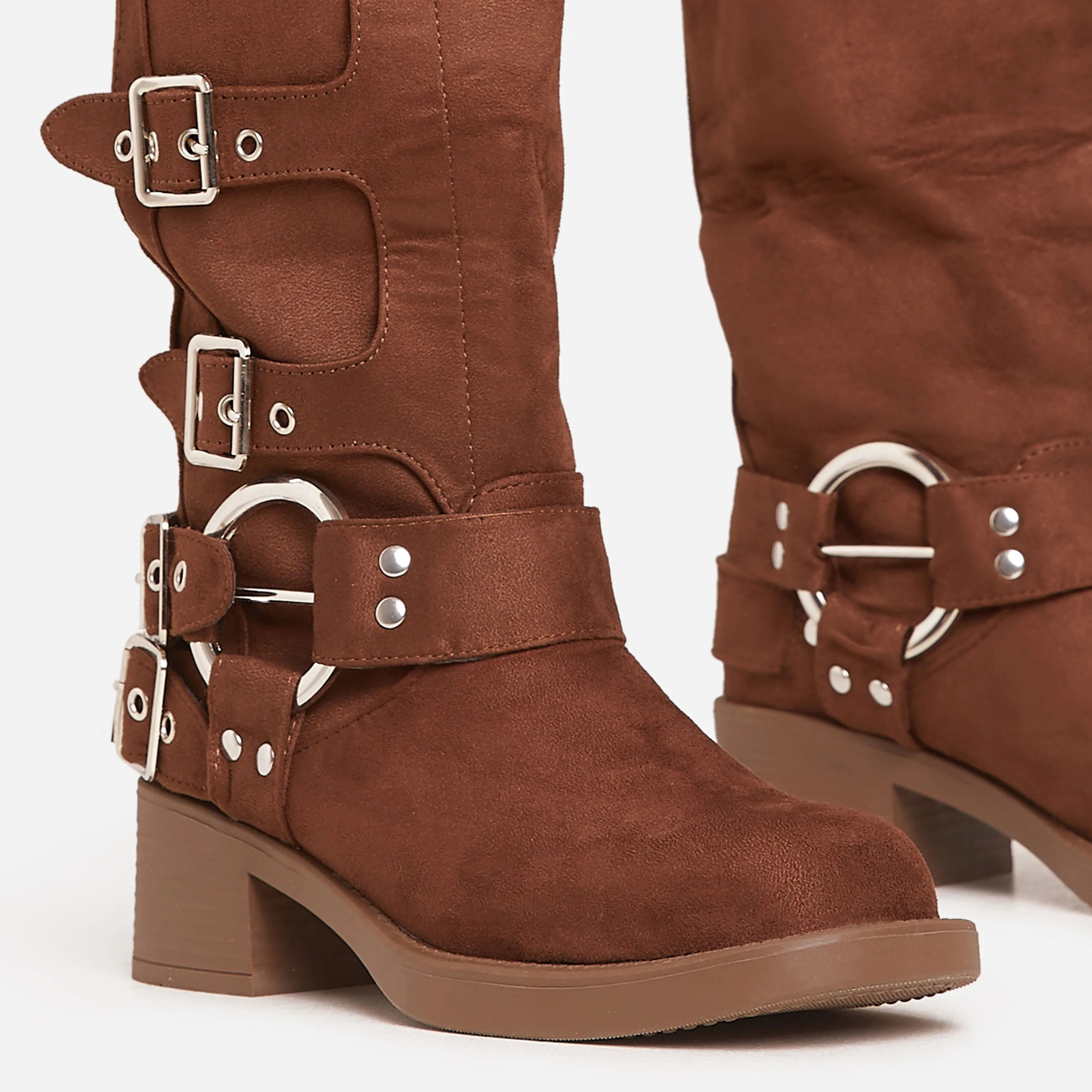 Buckle-Down Side Buckle Detail Midi Calf Biker Boot In Brown Faux Suede