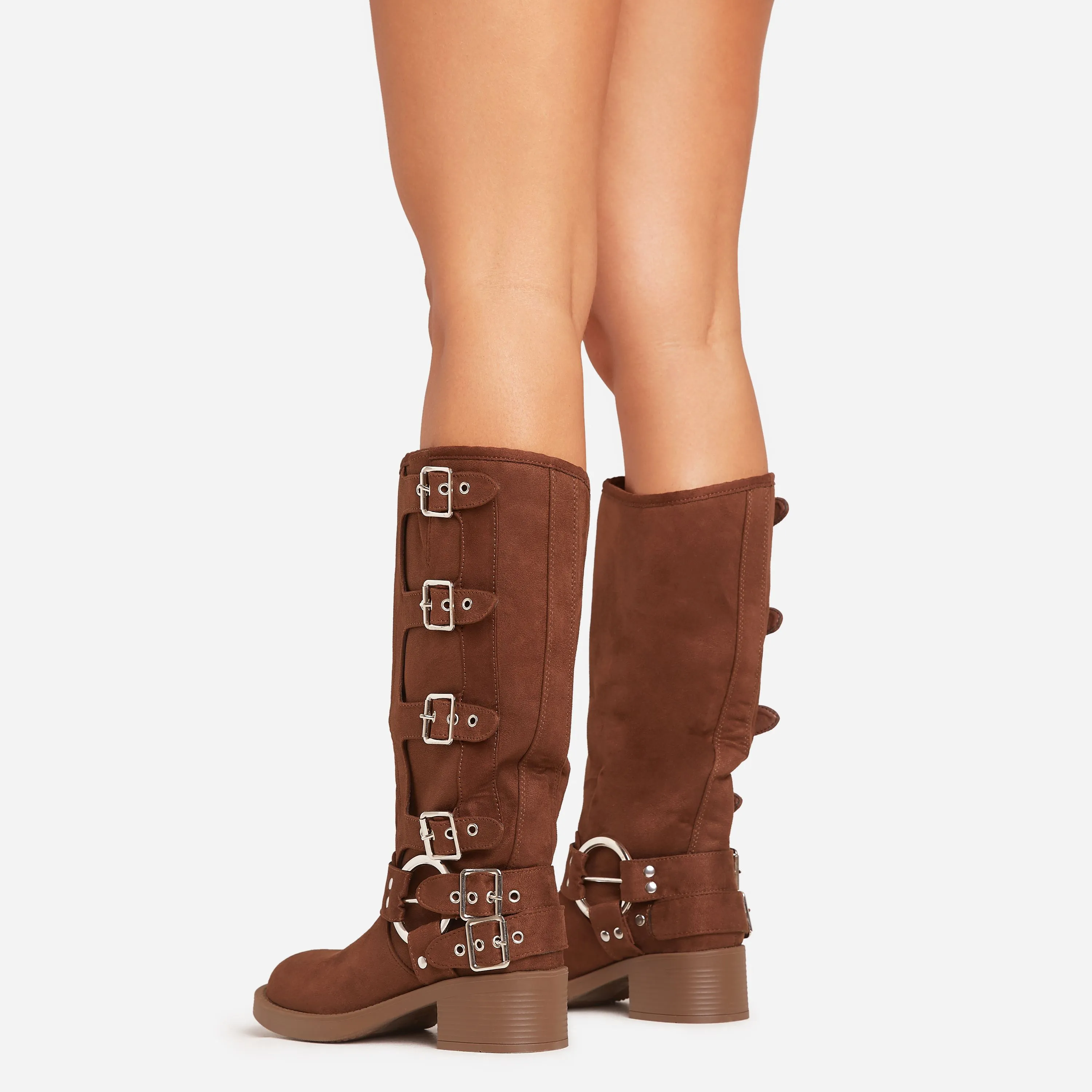 Buckle-Down Side Buckle Detail Midi Calf Biker Boot In Brown Faux Suede