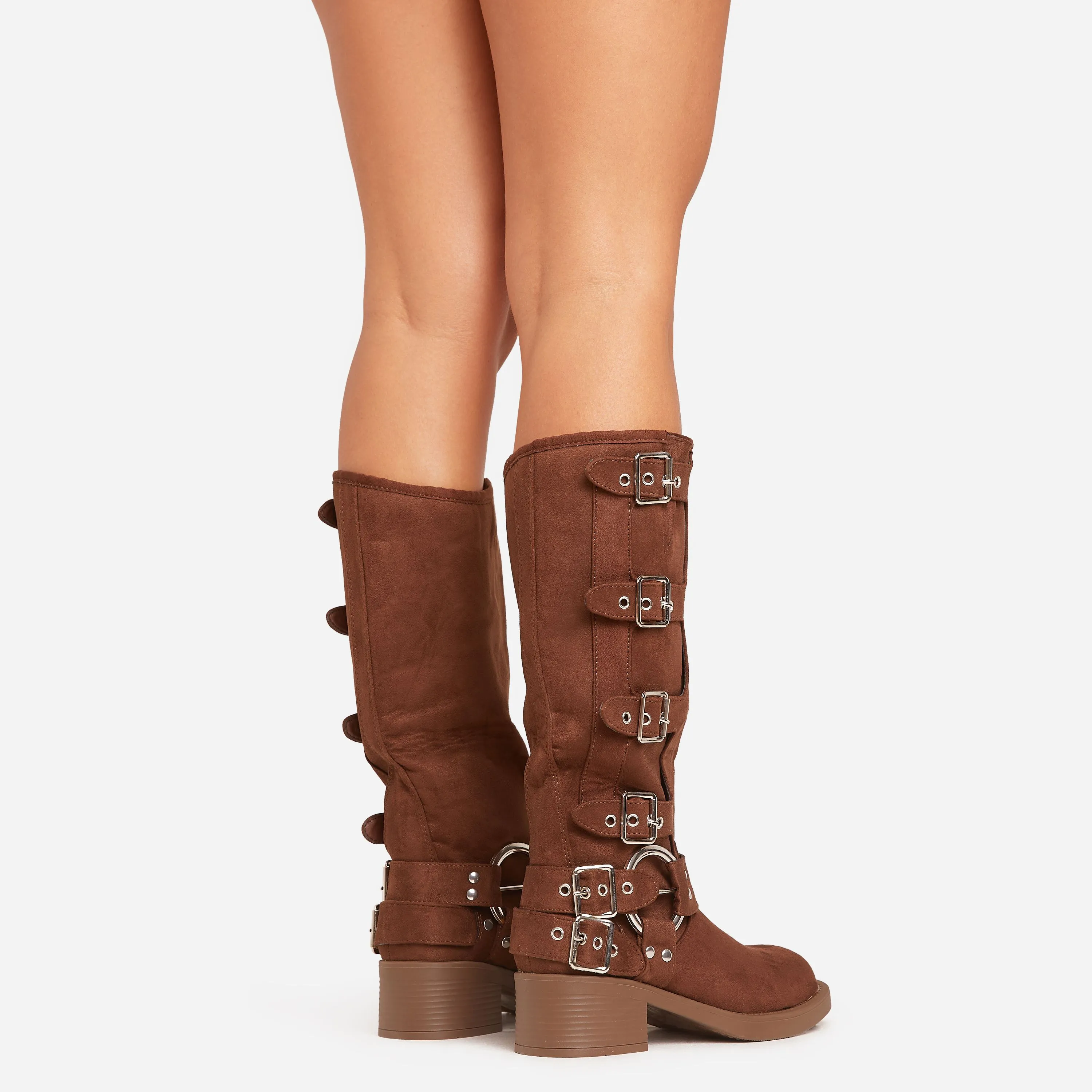 Buckle-Down Side Buckle Detail Midi Calf Biker Boot In Brown Faux Suede