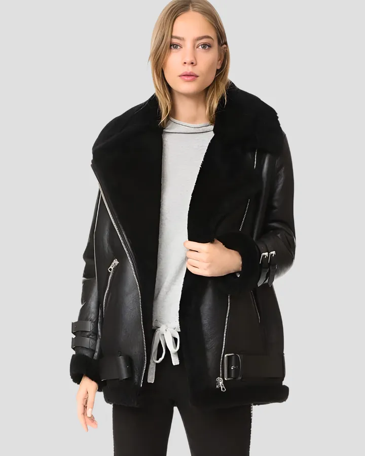 Catalina Black Biker Shearling Leather Jacket