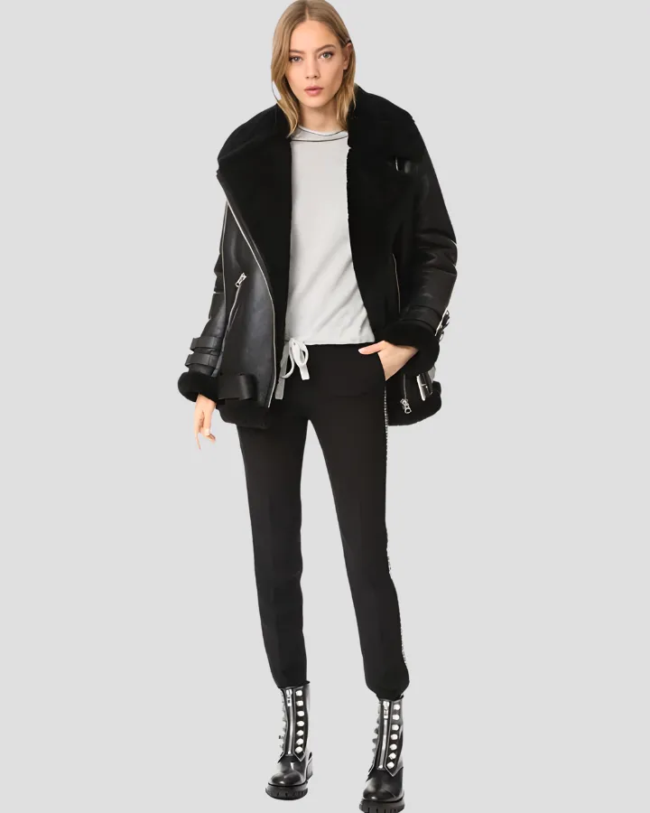 Catalina Black Biker Shearling Leather Jacket