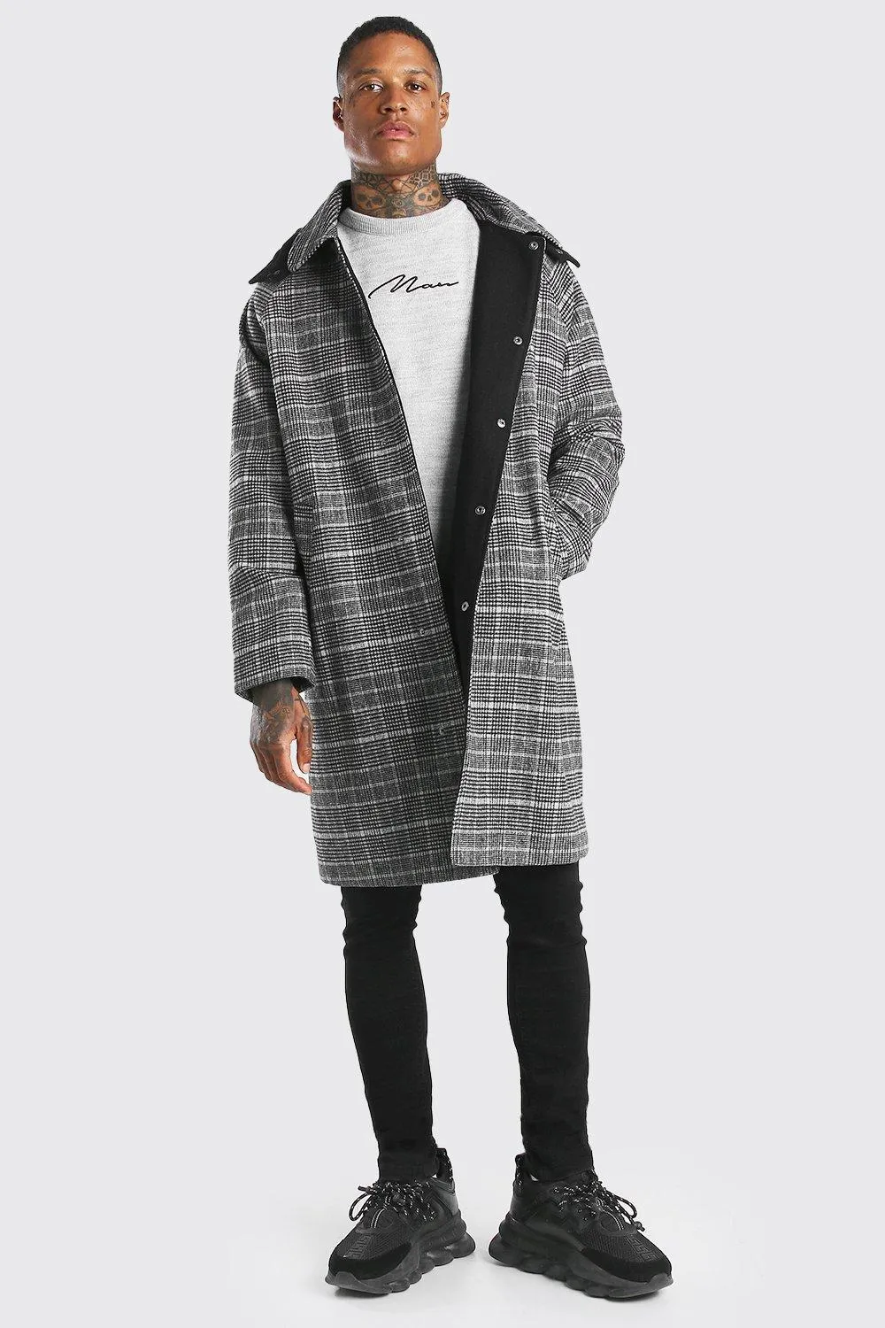 Check Smart Overcoat With Detachable Hood | boohooMAN UK