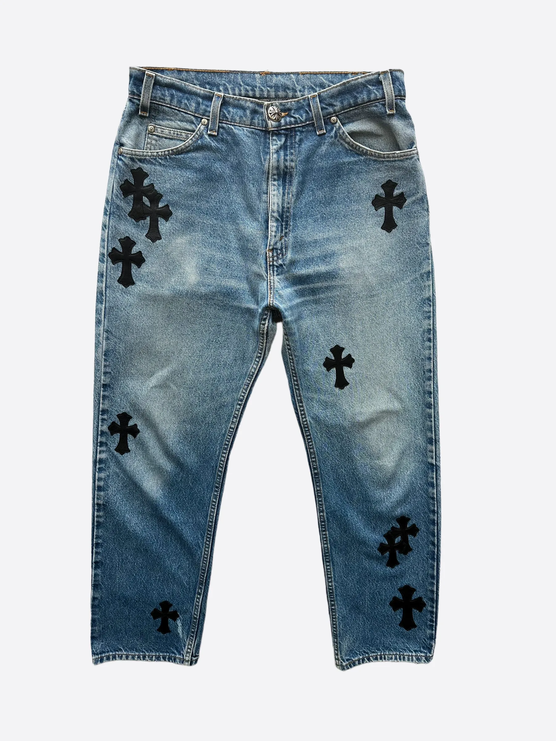 Chrome Hearts Levis Light Blue Black Leather Cross Patch Jeans