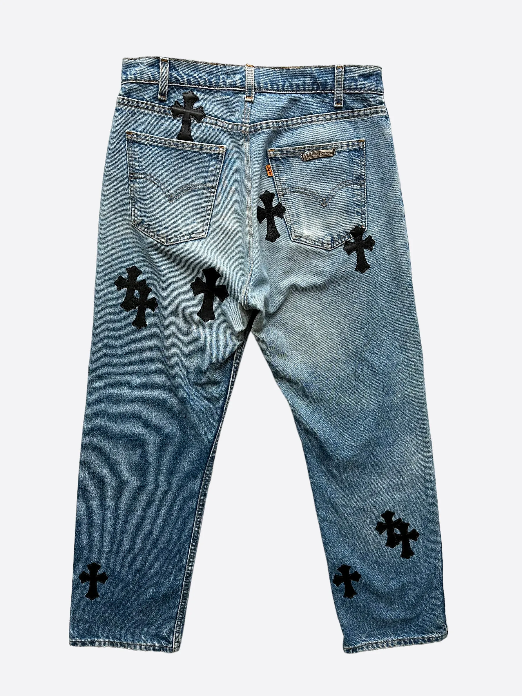 Chrome Hearts Levis Light Blue Black Leather Cross Patch Jeans