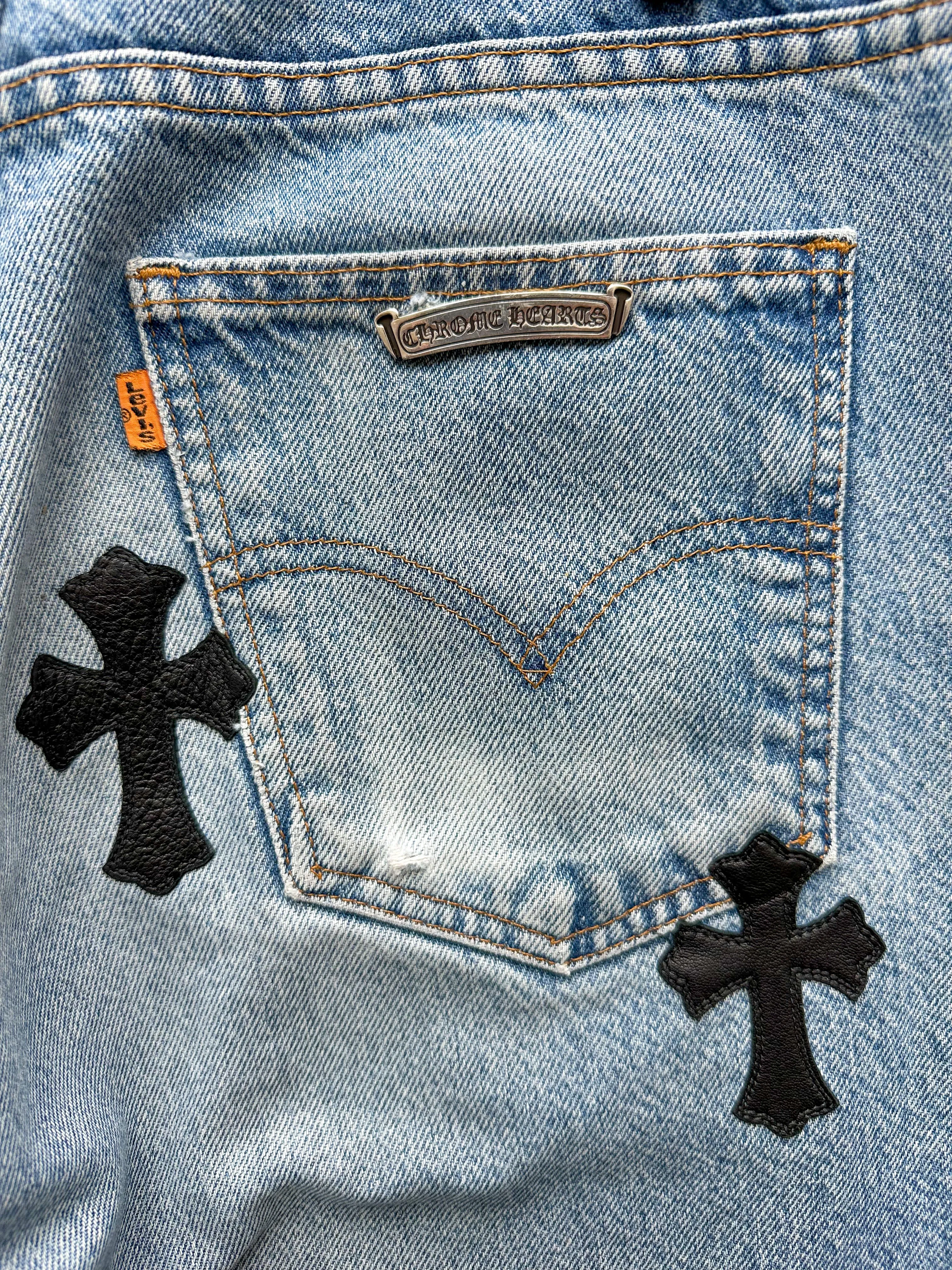 Chrome Hearts Levis Light Blue Black Leather Cross Patch Jeans