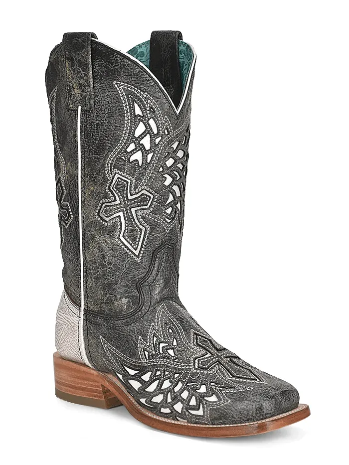 Corral A4333 Ladies Inlay And Embroidery Square Toe Western Boot Black And White