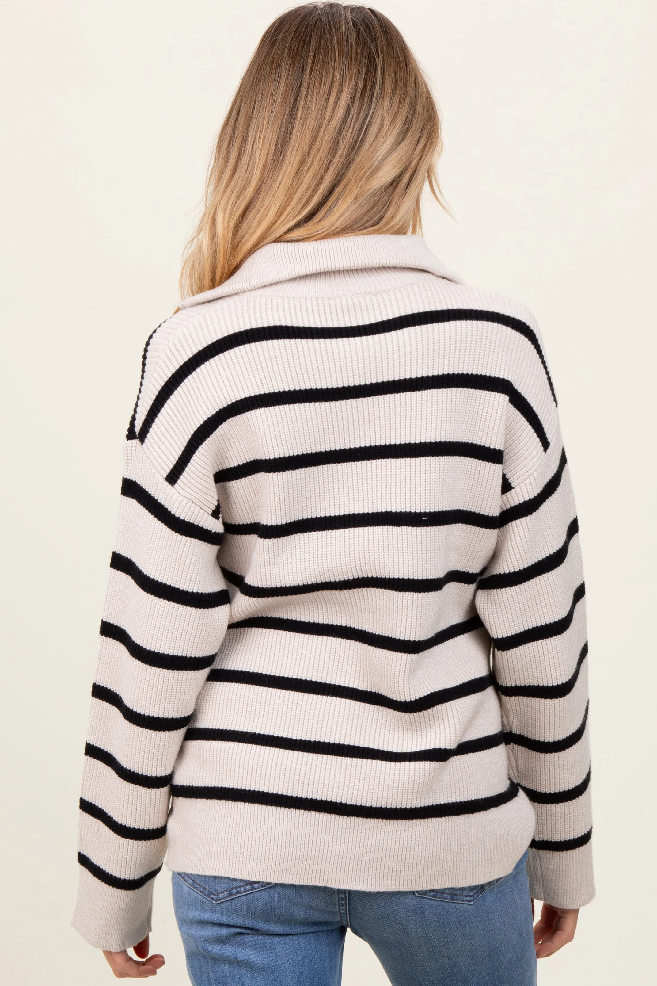 Cream Black Striped Knit Half Zip Maternity Sweater