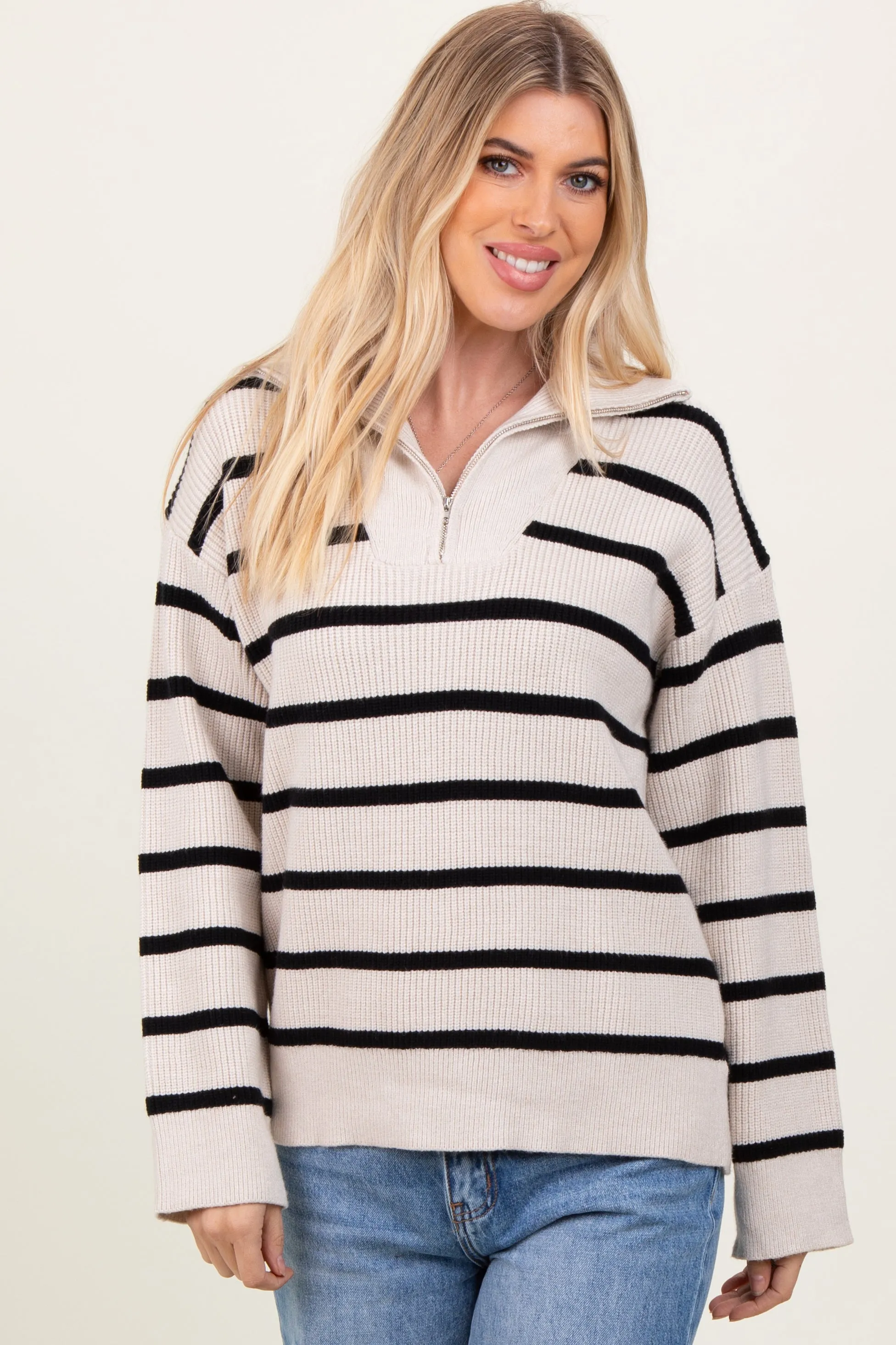 Cream Black Striped Knit Half Zip Maternity Sweater