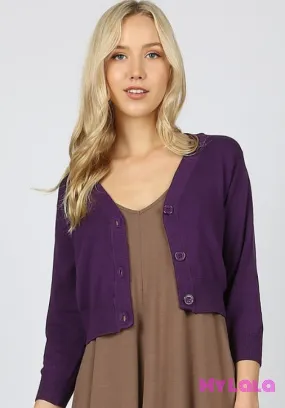 Curvy 3/4 Sleeve Bolero Cropped Sweater (Dk Purple)