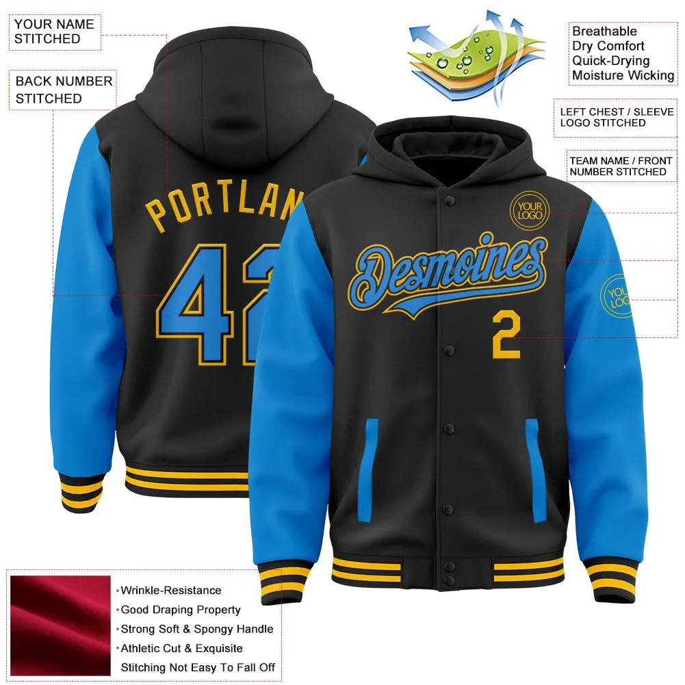 Custom Black Electric Blue-Gold Bomber Full-Snap Varsity Letterman Two Tone Hoodie Jacket