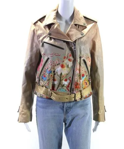 Designer Womens Metallic Hand Painted Customized Leather Jacket Gold