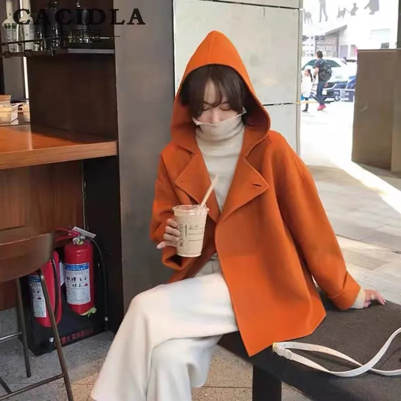 Double-sided cashmere coat women's short woolen coat for small people 2023 spring, autumn and winter Korean style loose orange t