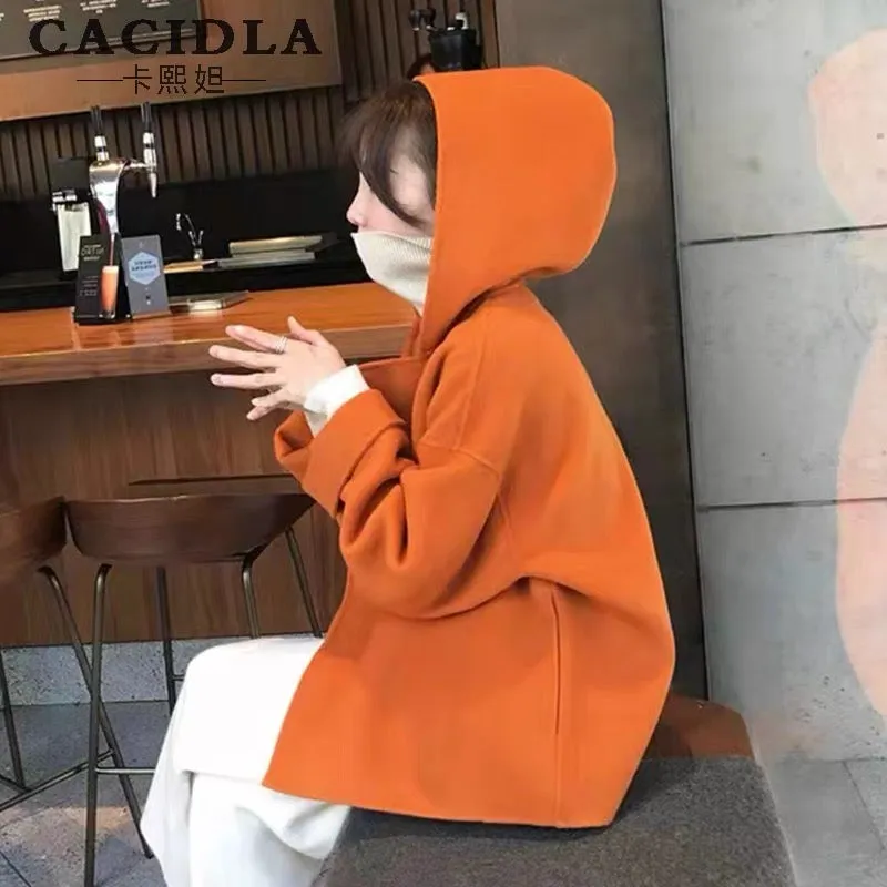 Double-sided cashmere coat women's short woolen coat for small people 2023 spring, autumn and winter Korean style loose orange t