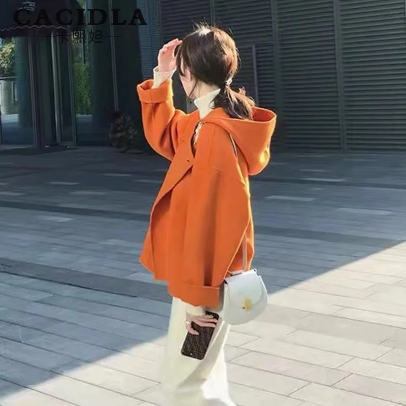 Double-sided cashmere coat women's short woolen coat for small people 2023 spring, autumn and winter Korean style loose orange t