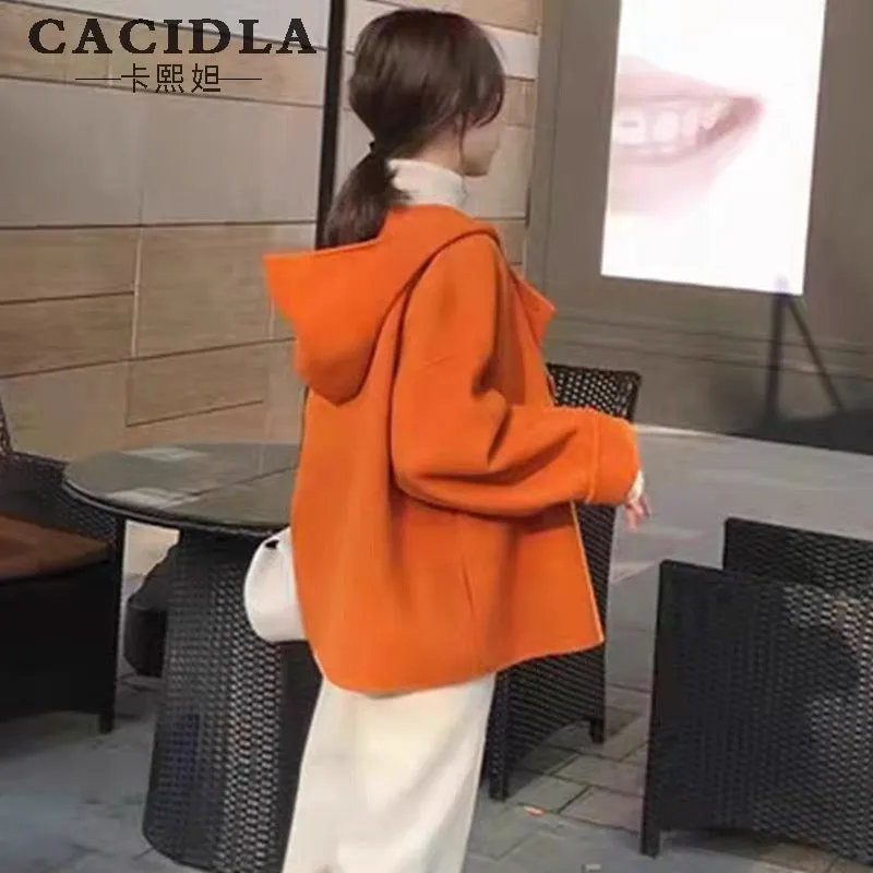 Double-sided cashmere coat women's short woolen coat for small people 2023 spring, autumn and winter Korean style loose orange t