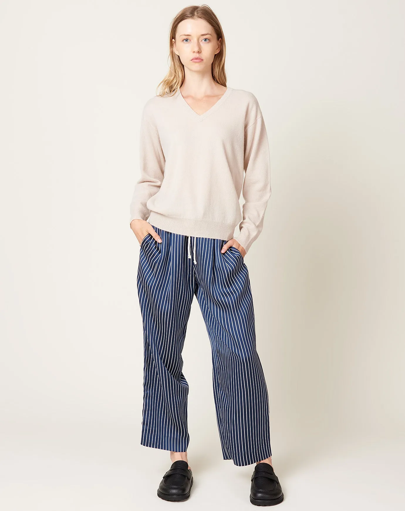 Drawstring Pleat Front Pant in Midnight Stripe