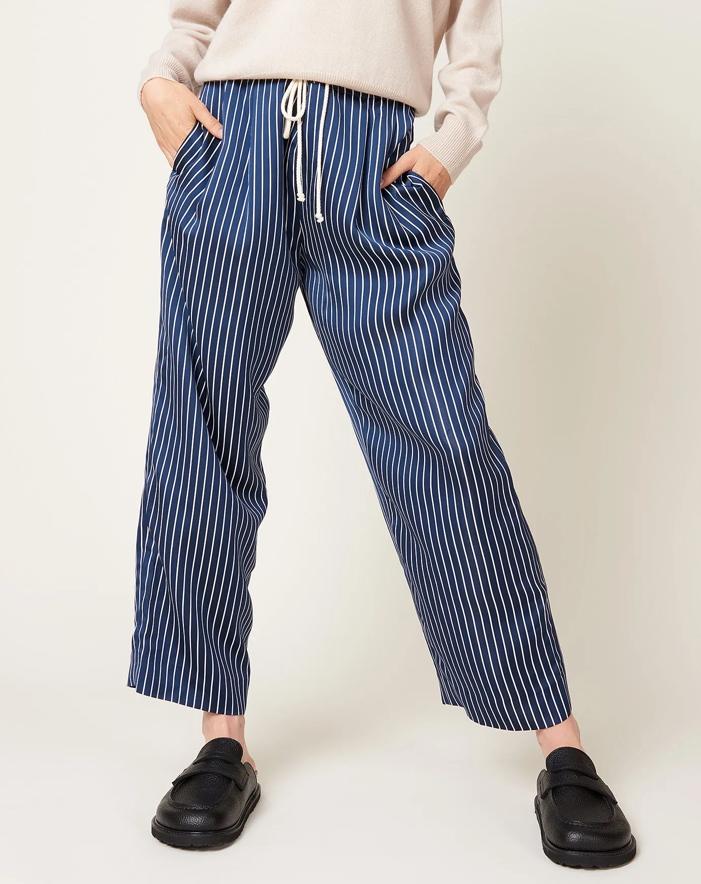 Drawstring Pleat Front Pant in Midnight Stripe