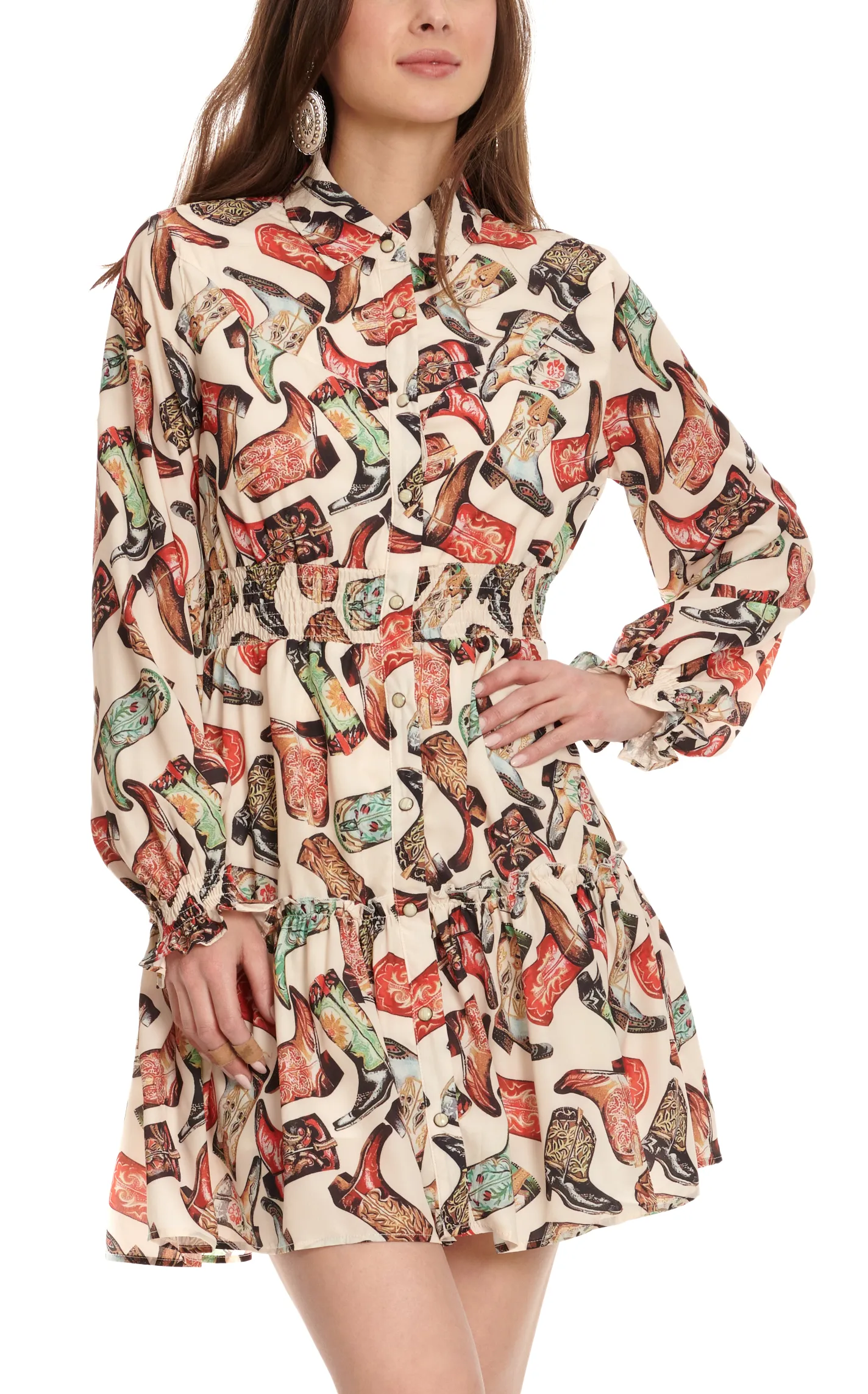 Fashion Express Women’s Cream & Vintage Cowboy Boot Print Long Sleeve Shirt Dress