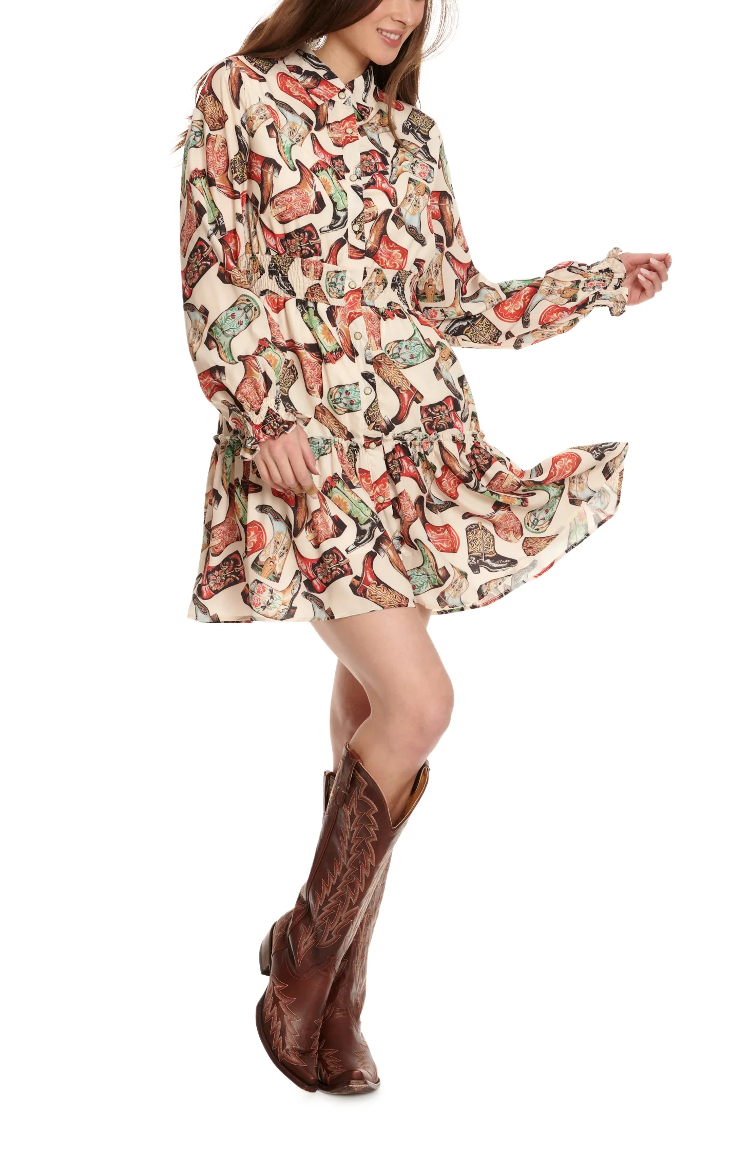 Fashion Express Women’s Cream & Vintage Cowboy Boot Print Long Sleeve Shirt Dress