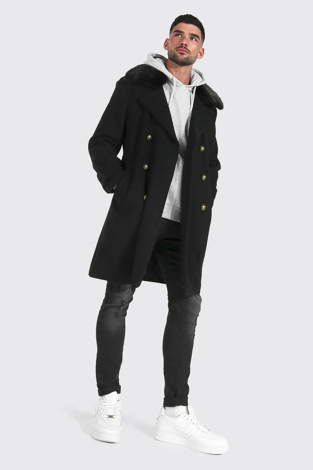 Faux Fur Collar Military Overcoat | boohooMAN UK