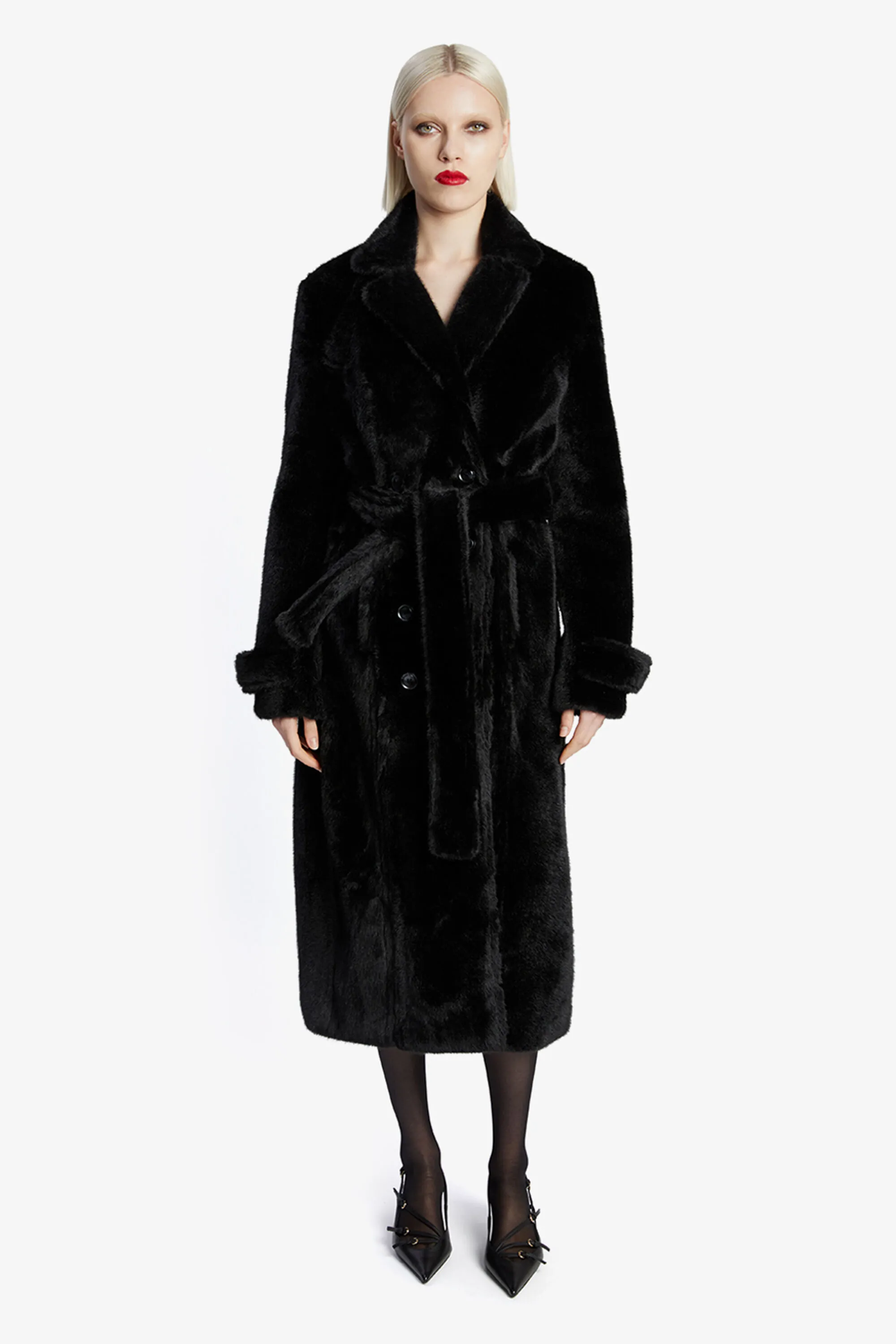 faux fur trench coat in black