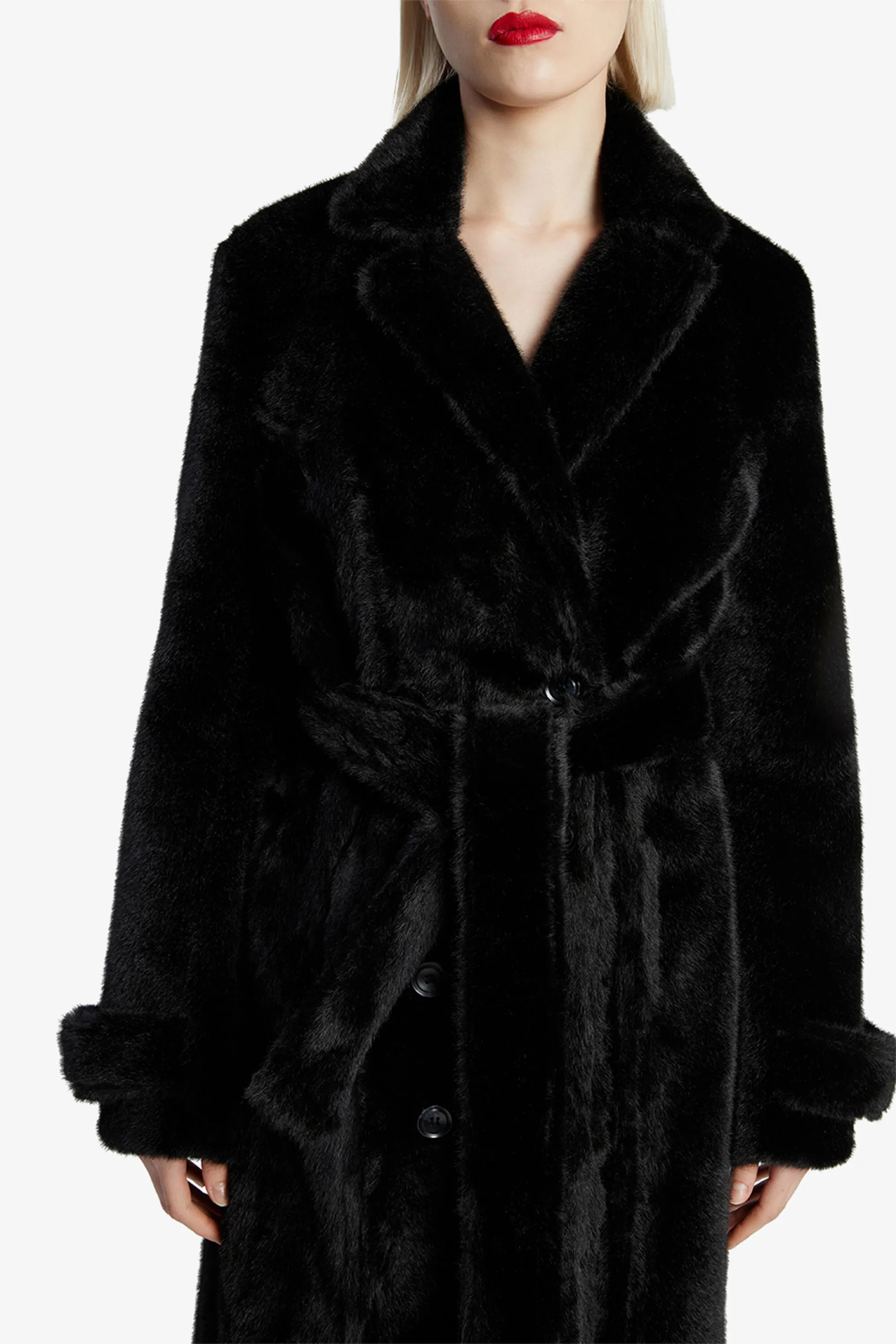 faux fur trench coat in black