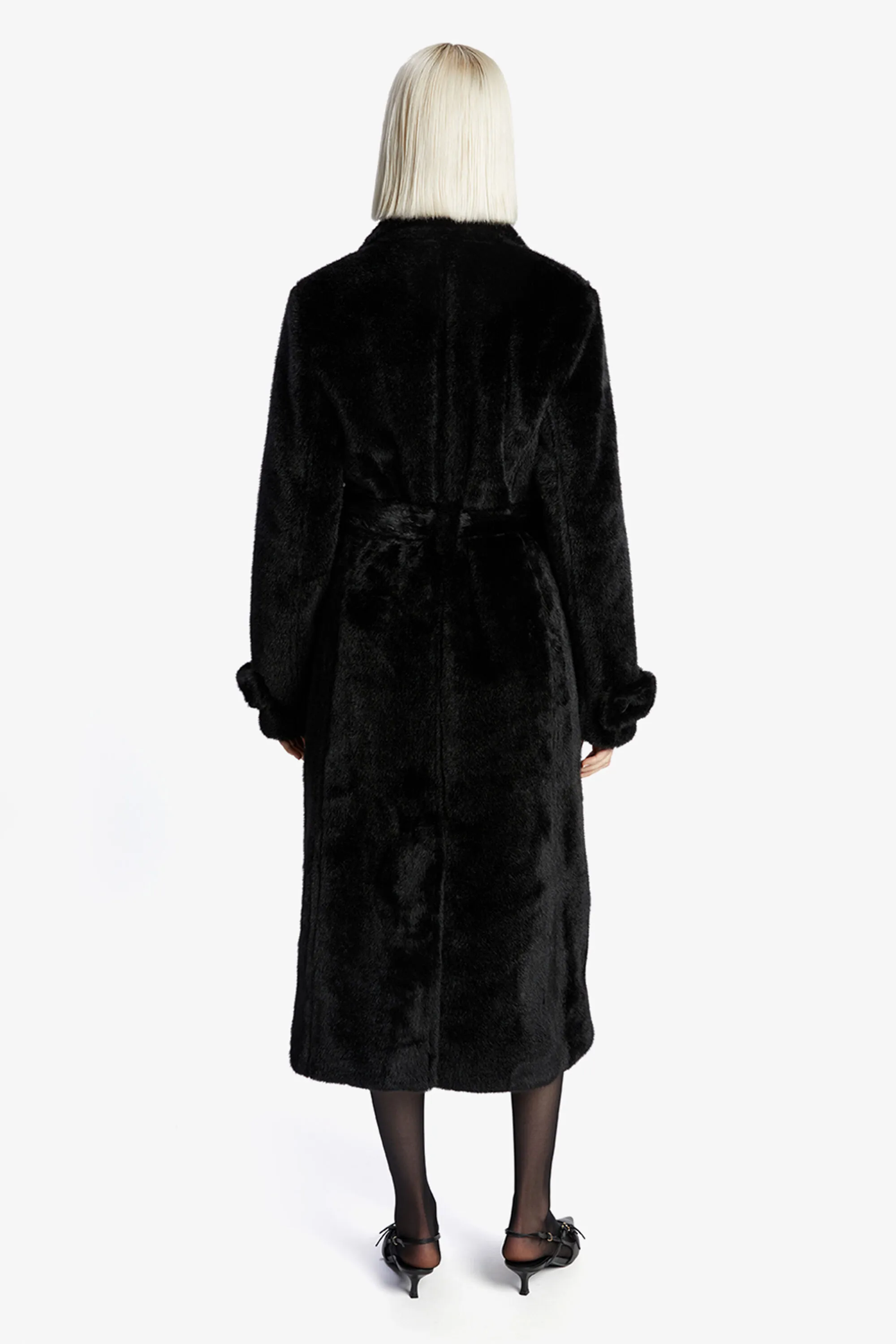 faux fur trench coat in black