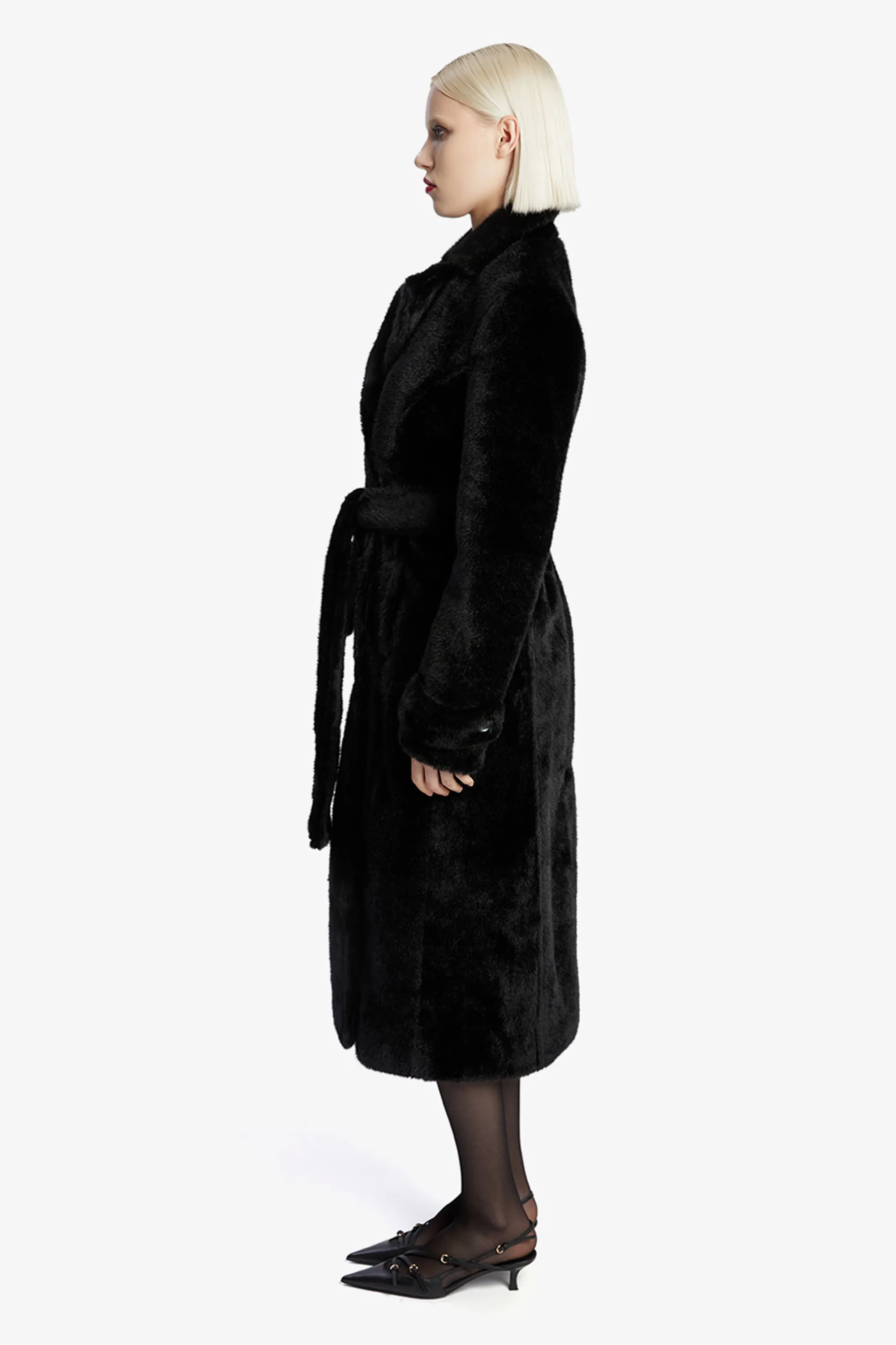 faux fur trench coat in black