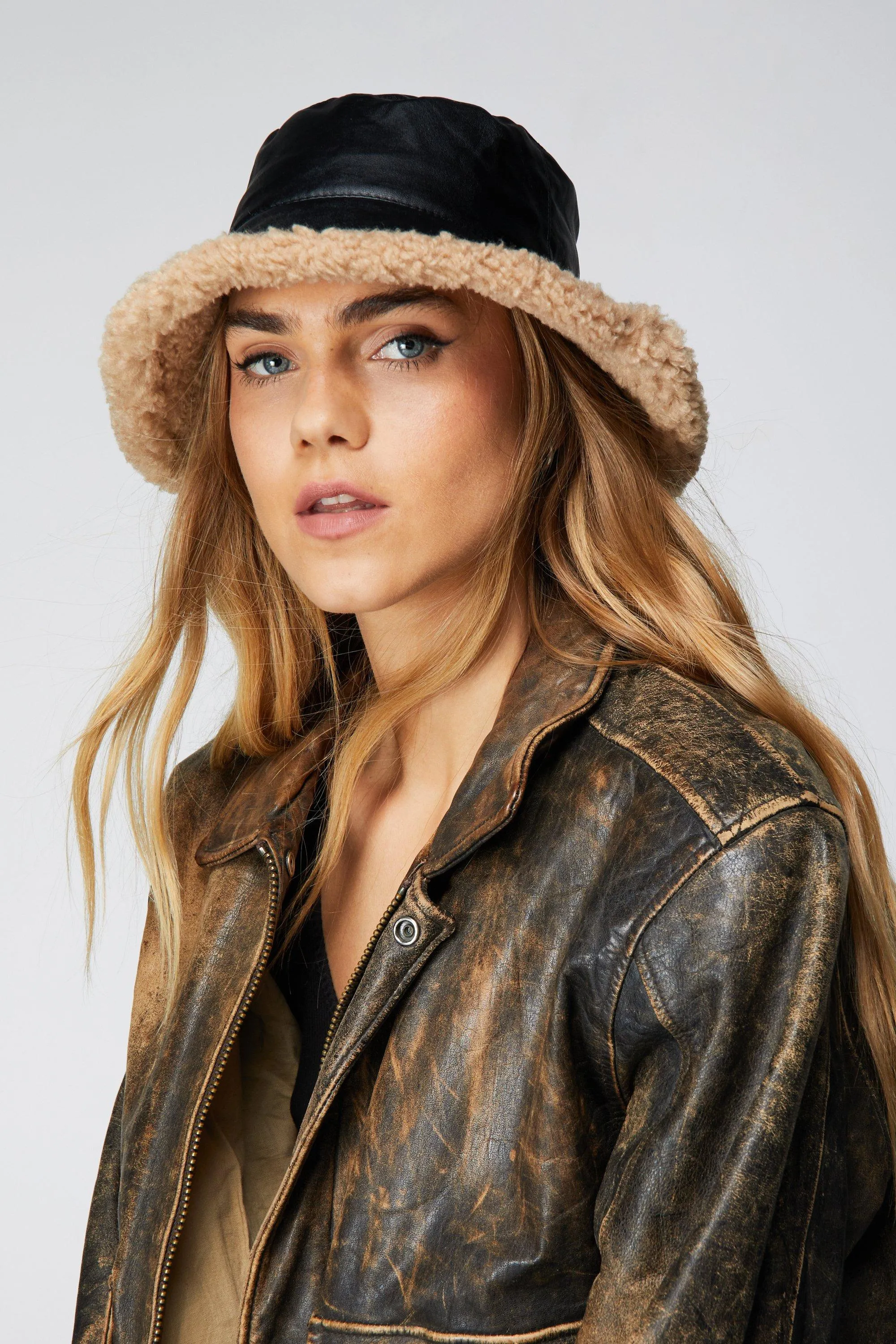 Faux Leather Borg Trim Bucket Hat