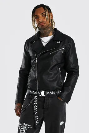 Faux Leather Man Branded Belt Moto Jacket