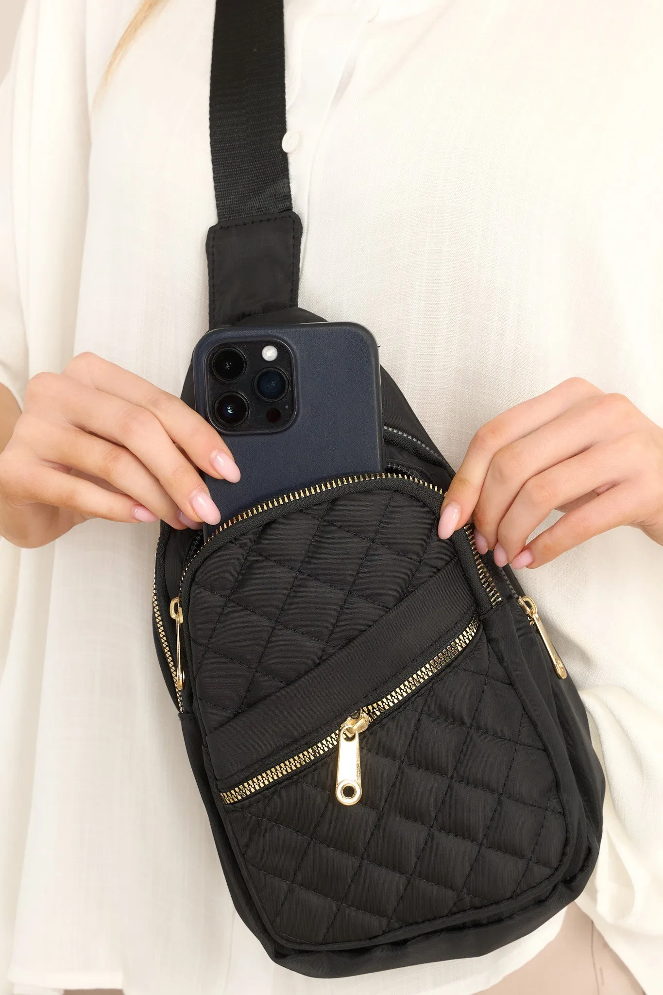 First In Line Black Quilted Sling Bag