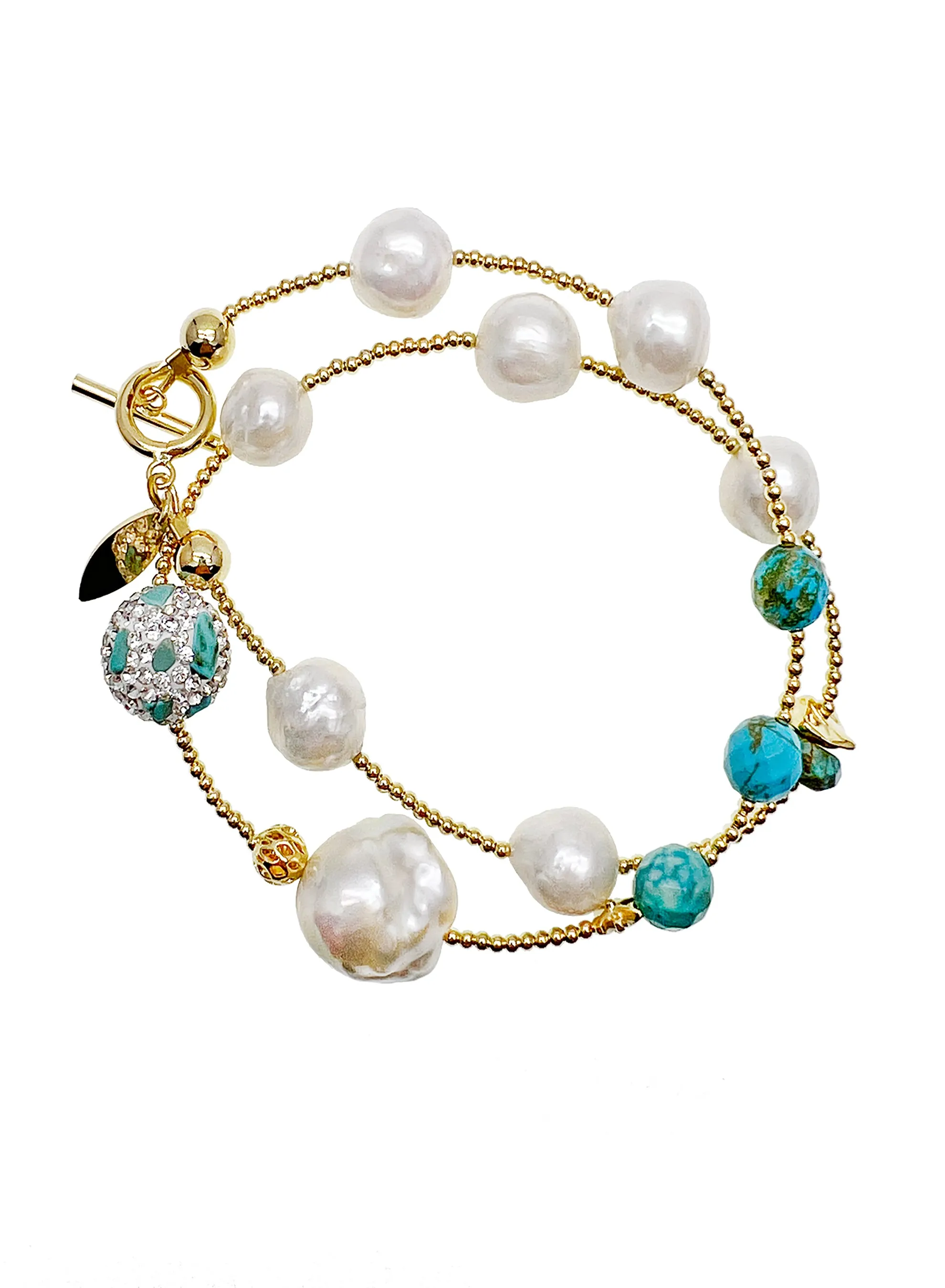 Freshwater Pearls With Turquoise Stones Double Wrapped Bracelet