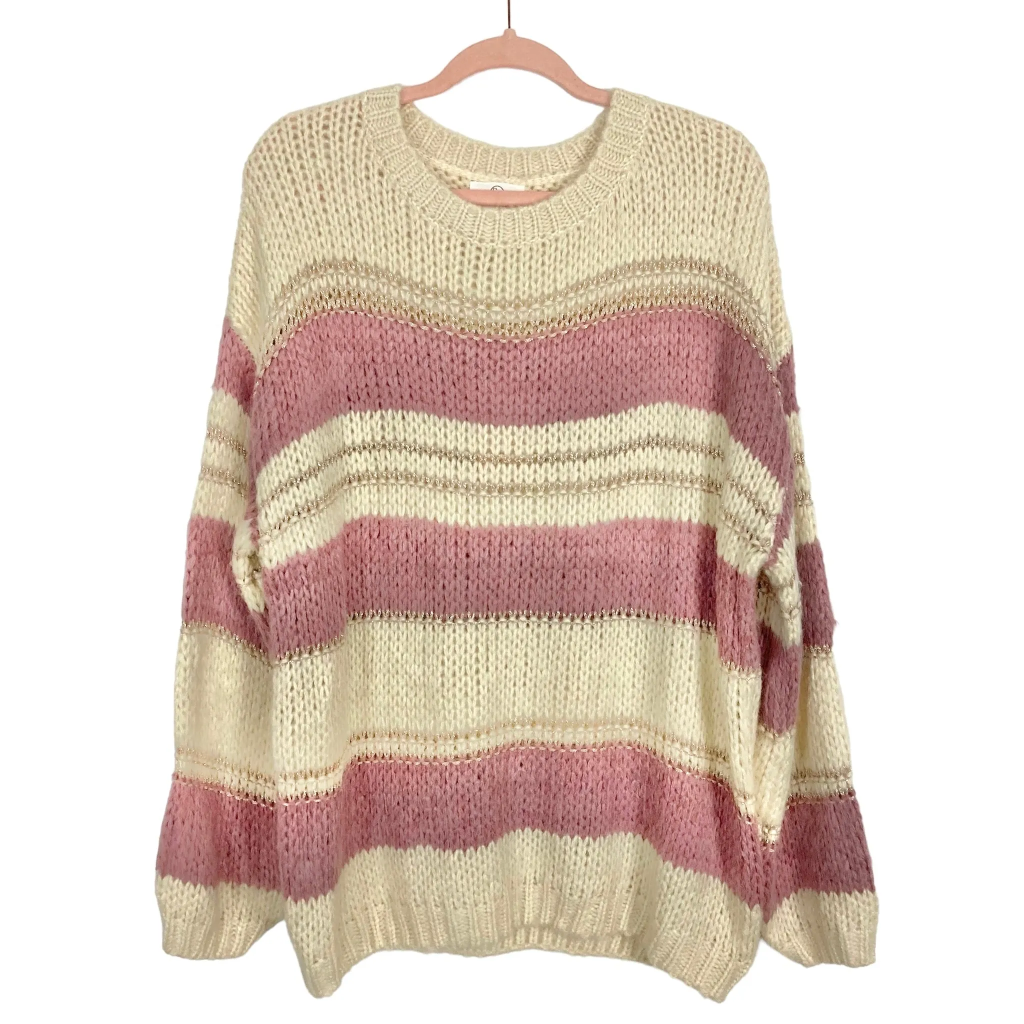 FSL Apparel Mauve/Cream/Metallic Stripe Open Knit Oversized Tunic/Sweater NWT- Size M