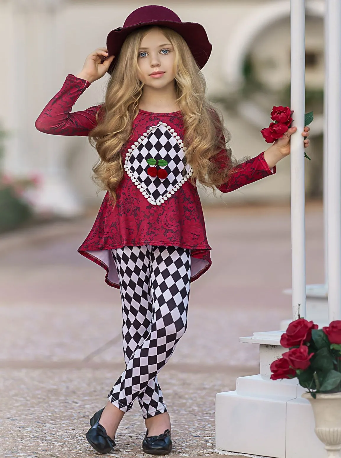 Girls Cherry On Top Hi-Lo Tunic and Checkered Legging Set