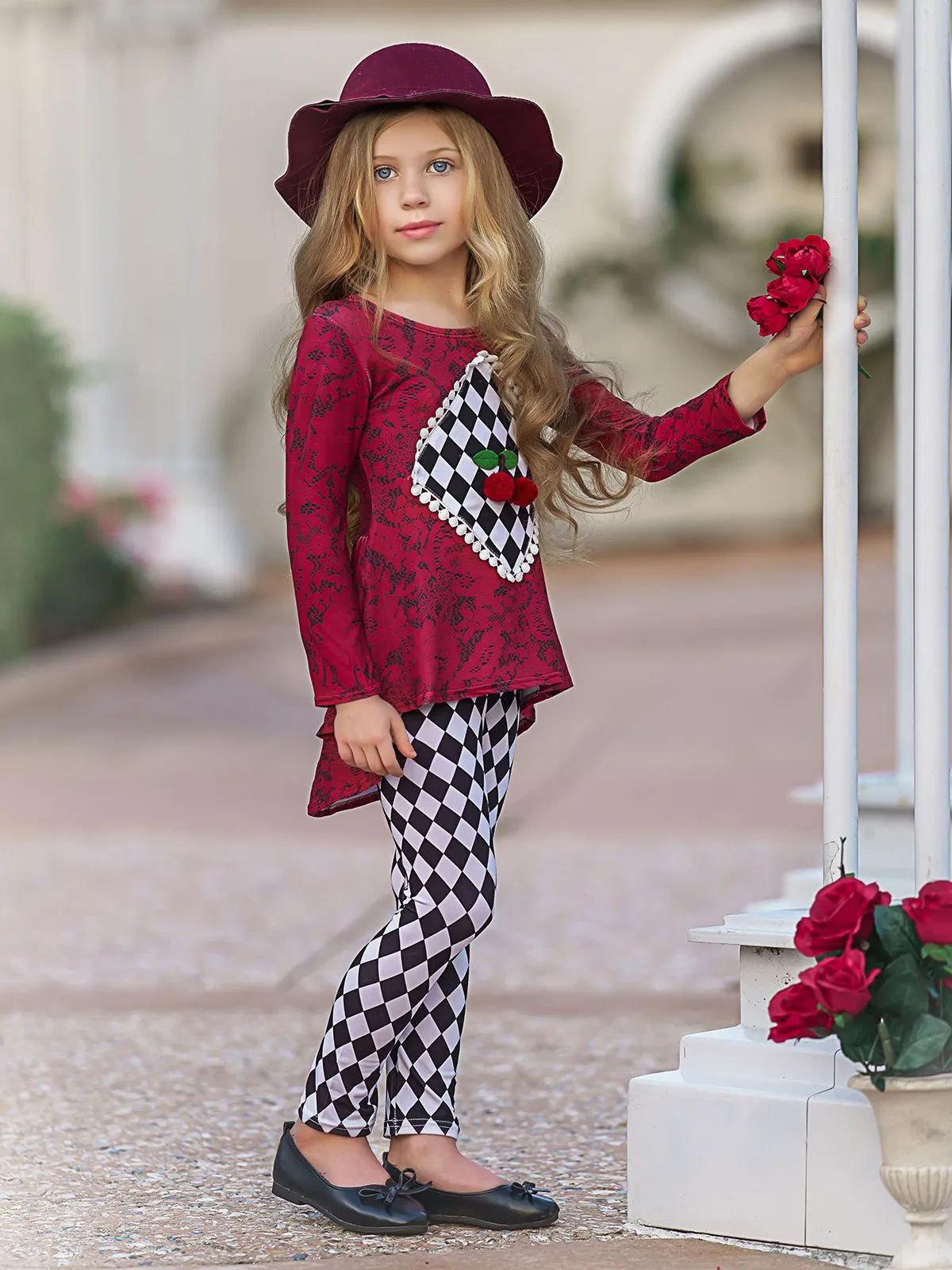 Girls Cherry On Top Hi-Lo Tunic and Checkered Legging Set