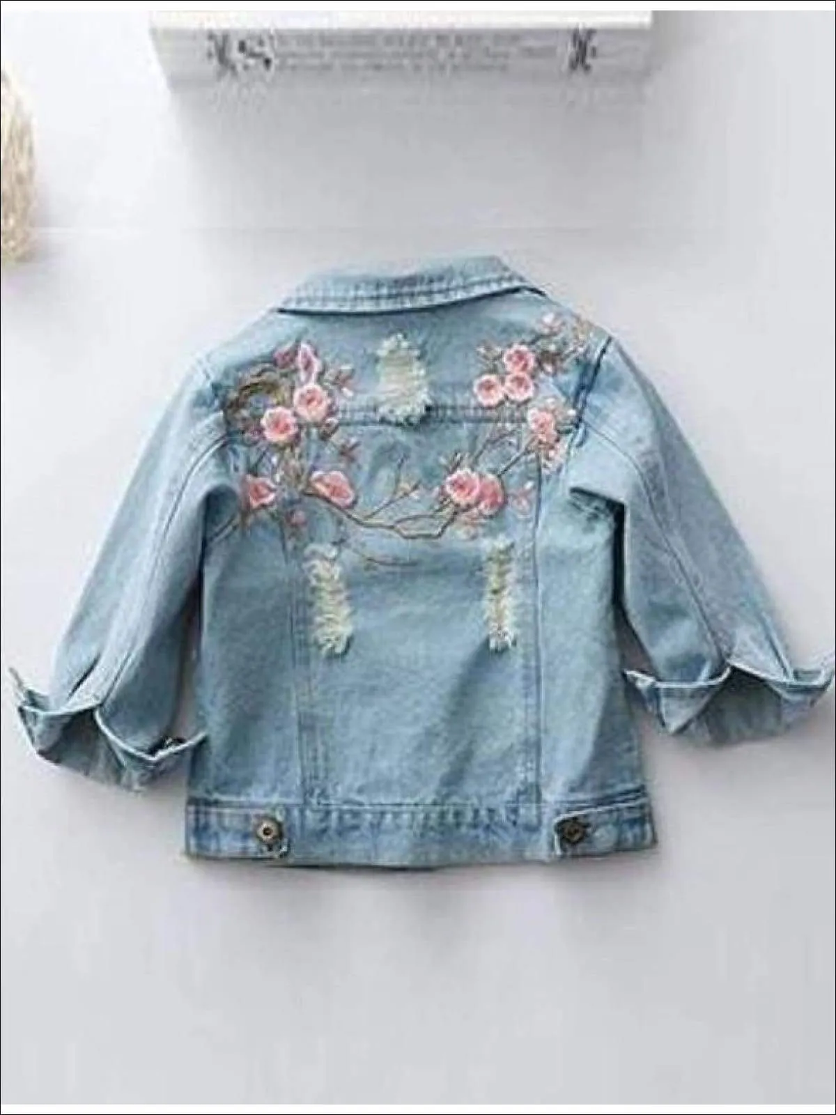 Girls Flower Embroidered Distressed Denim Jacket